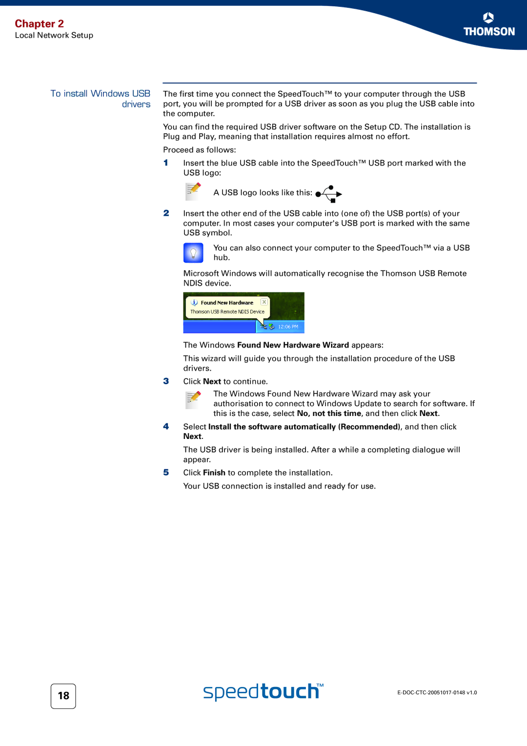 RCA SpeedTouchTM706 manual To install Windows USB drivers, Windows Found New Hardware Wizard appears 