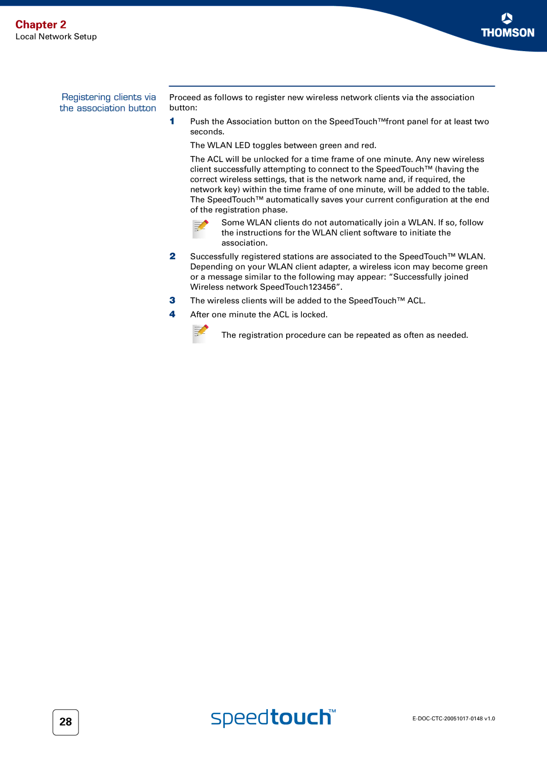 RCA SpeedTouchTM706 manual Registering clients via the association button 