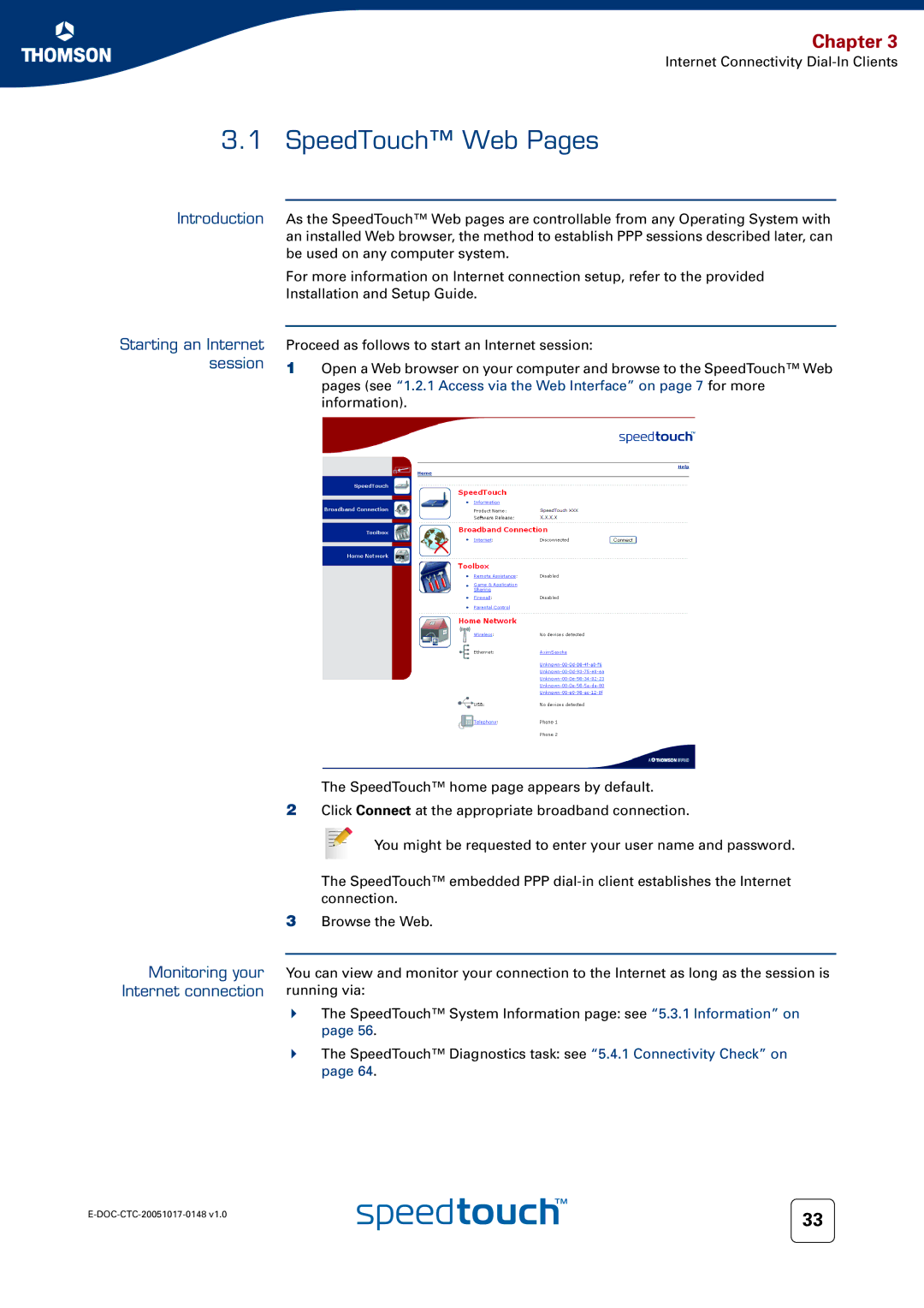 RCA SpeedTouchTM706 SpeedTouch Web Pages, Introduction Starting an Internet session, Monitoring your Internet connection 