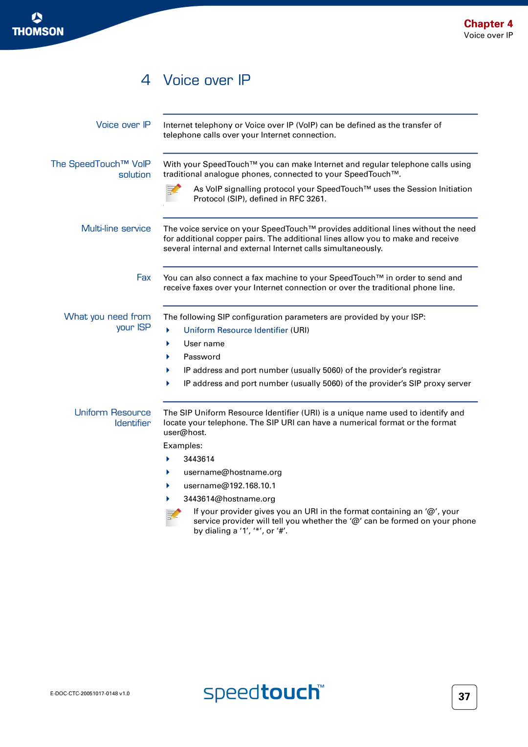 RCA SpeedTouchTM706 manual Voice over IP SpeedTouch VoIP solution, Uniform Resource Identifier URI 