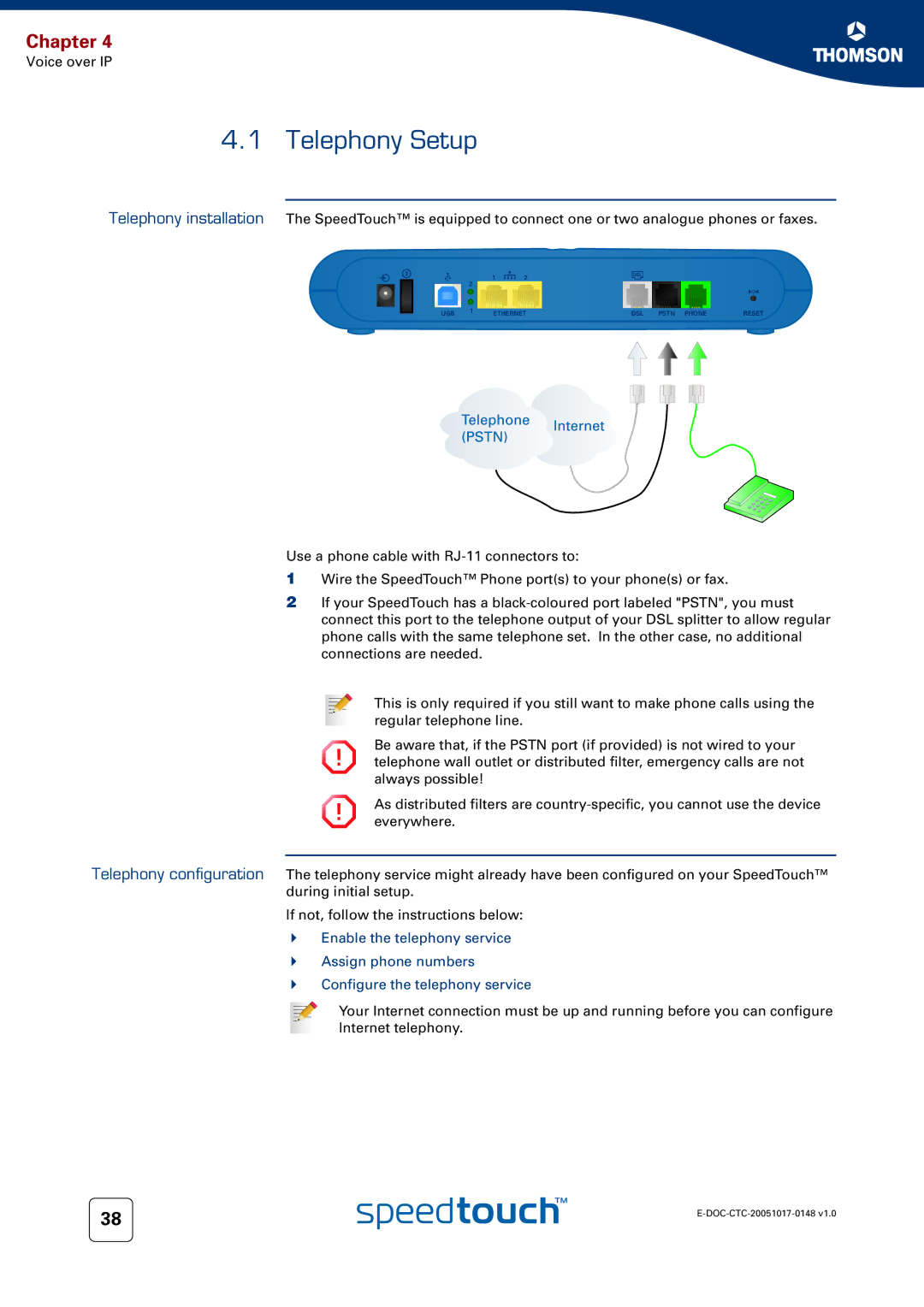 RCA SpeedTouchTM706 manual Telephony Setup 