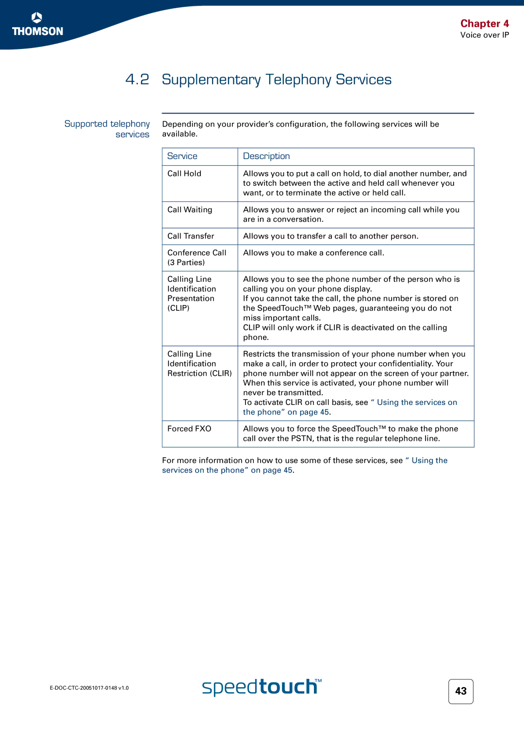 RCA SpeedTouchTM706 manual Supplementary Telephony Services, Supported telephony services, Service Description, Phone on 