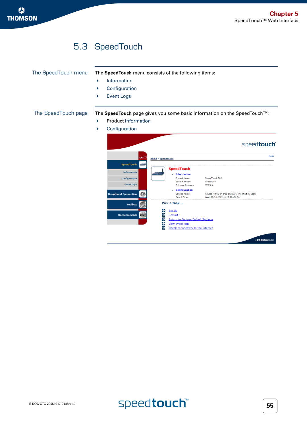 RCA SpeedTouchTM706 manual Information Configuration Event Logs 