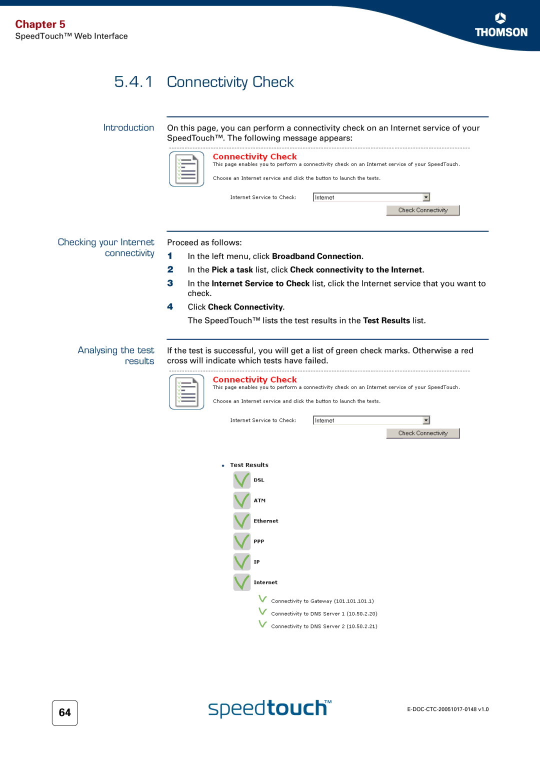 RCA SpeedTouchTM706 manual Connectivity Check, Pick a task list, click Check connectivity to the Internet 