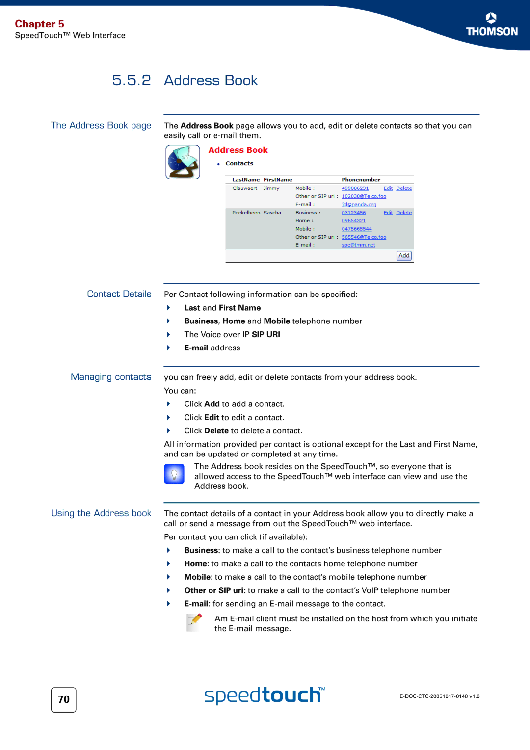 RCA SpeedTouchTM706 manual Address Book, Last and First Name, Mail address 