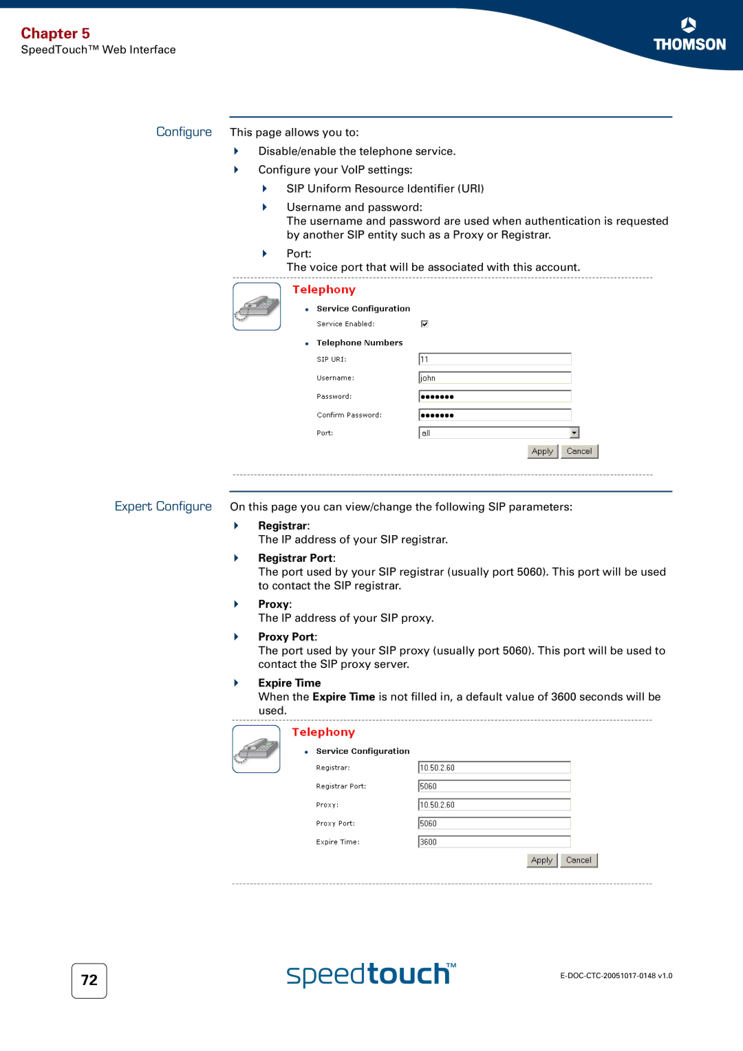 RCA SpeedTouchTM706 manual Registrar Port, Proxy Port, Expire Time 