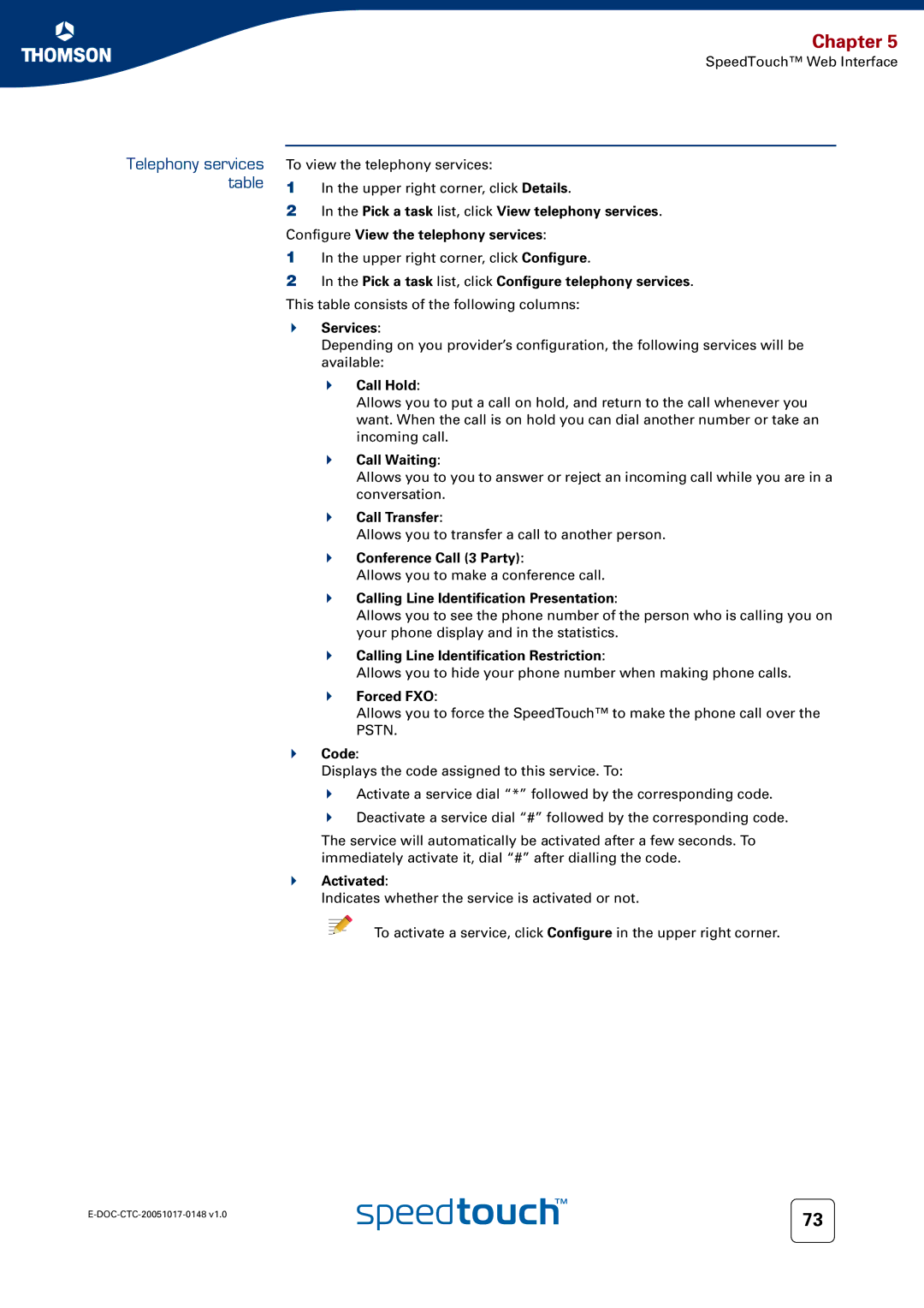 RCA SpeedTouchTM706 manual Telephony services table 