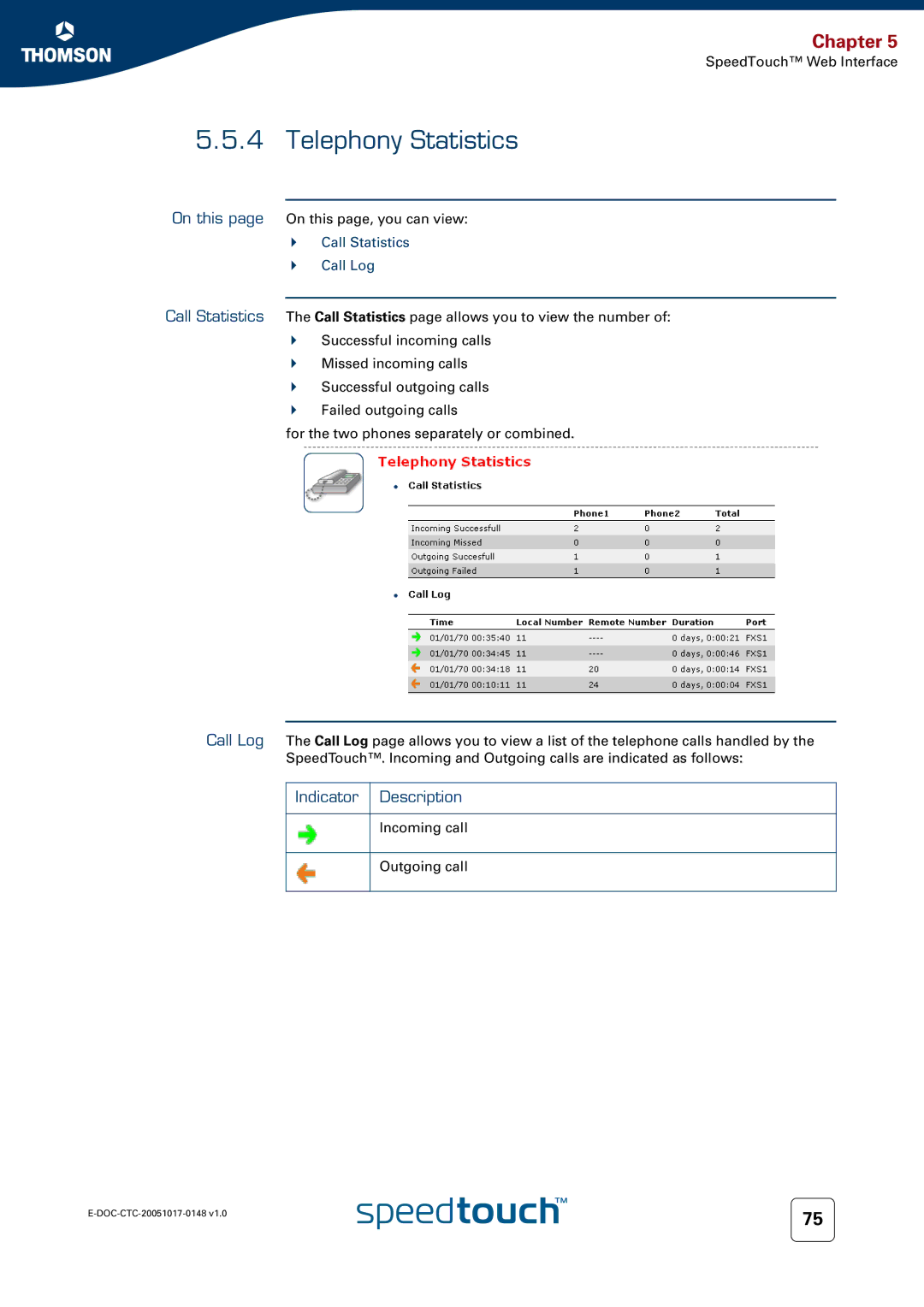 RCA SpeedTouchTM706 manual Telephony Statistics, Call Statistics Call Log 