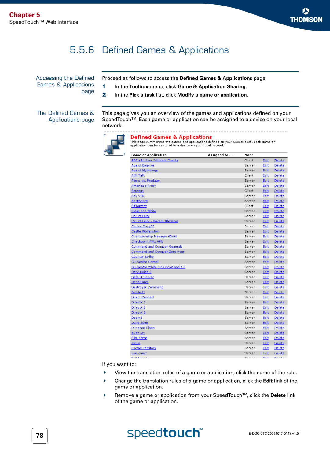 RCA SpeedTouchTM706 manual Accessing the Defined Games & Applications 