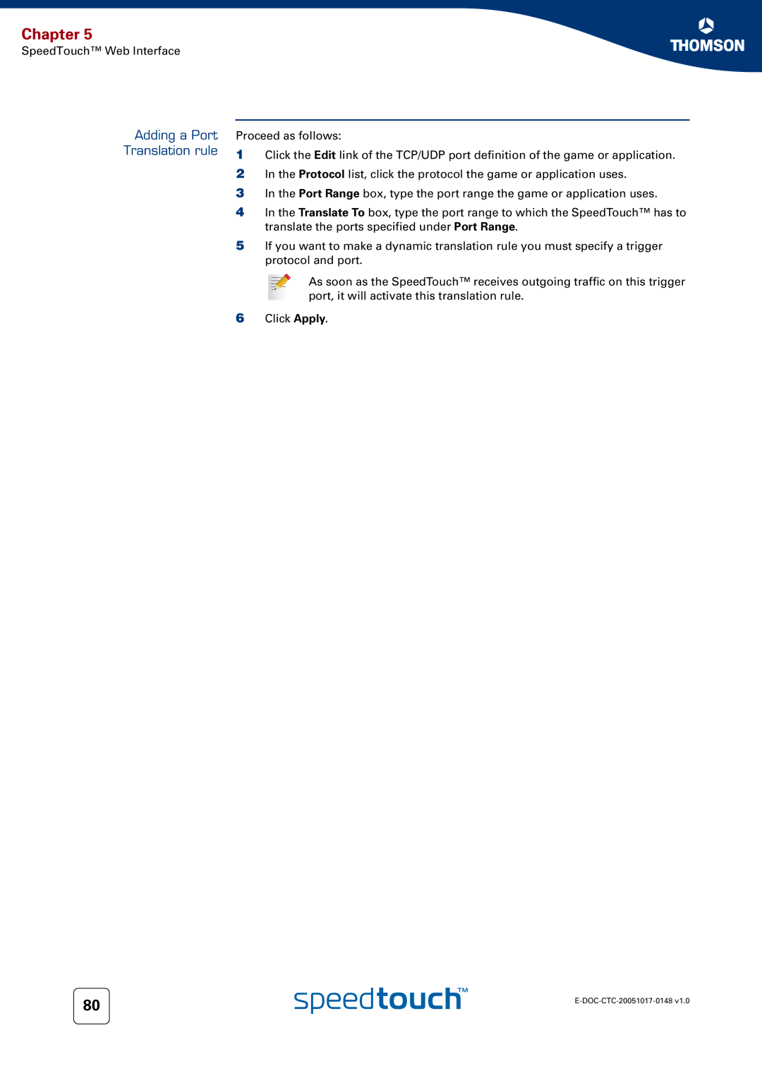 RCA SpeedTouchTM706 manual Adding a Port Translation rule 