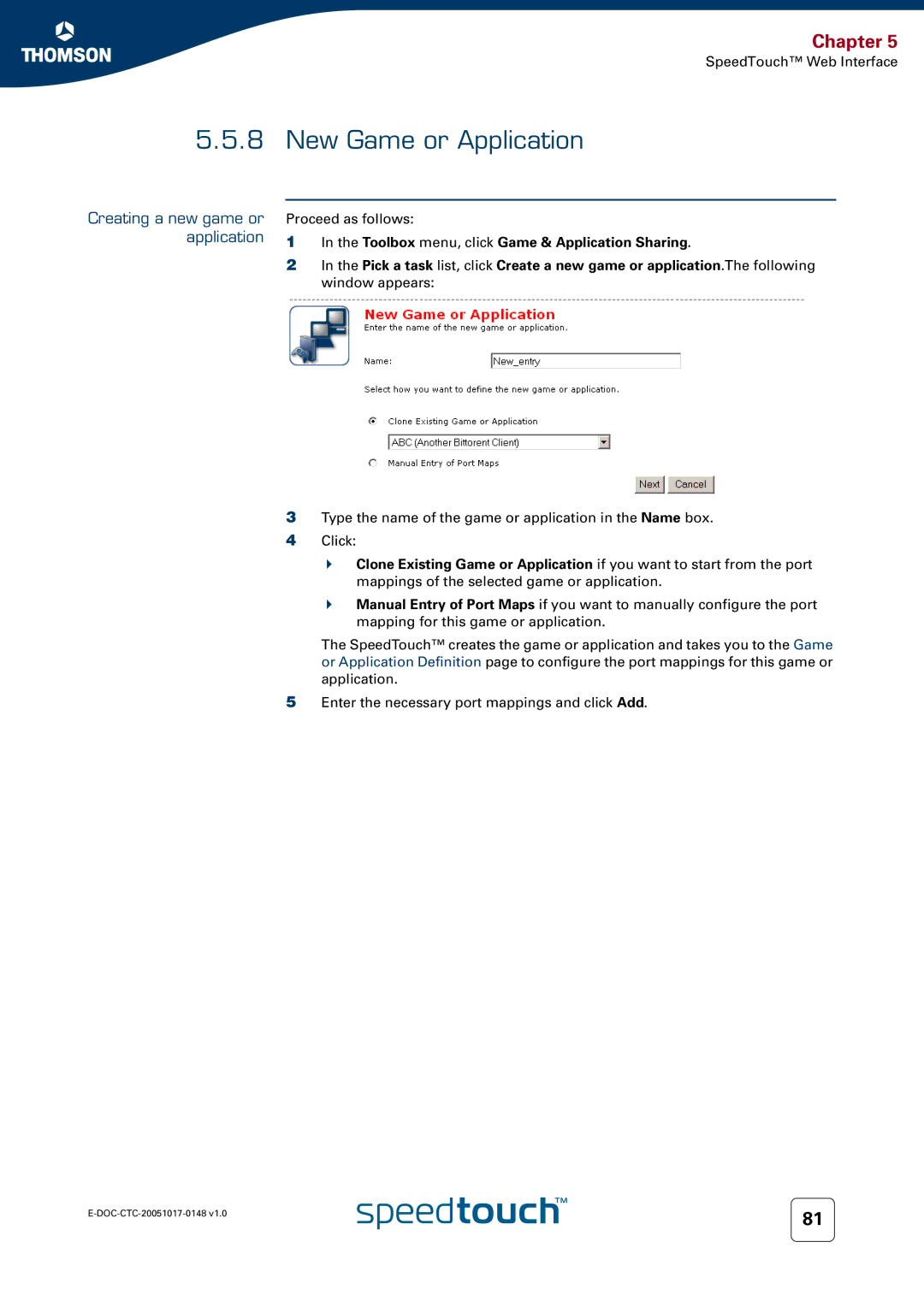 RCA SpeedTouchTM706 manual New Game or Application, Creating a new game or application 