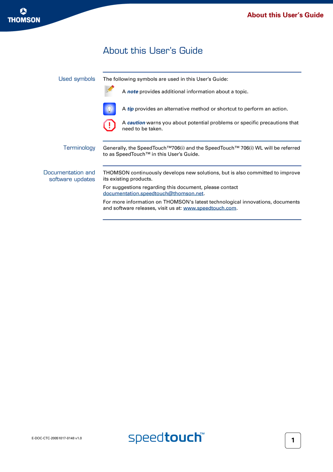 RCA SpeedTouchTM706 manual About this User’s Guide, Terminology Documentation and software updates 