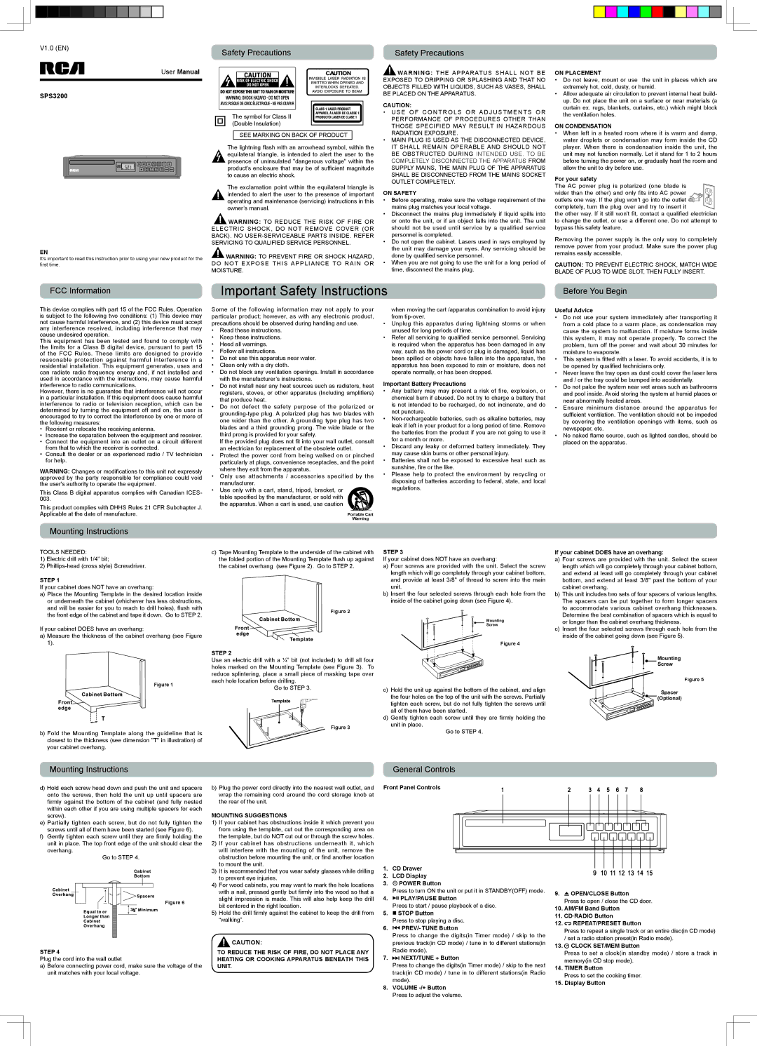 RCA SPS3200 important safety instructions Safety Precautions, FCC Information, Before You Begin, Mounting Instructions 