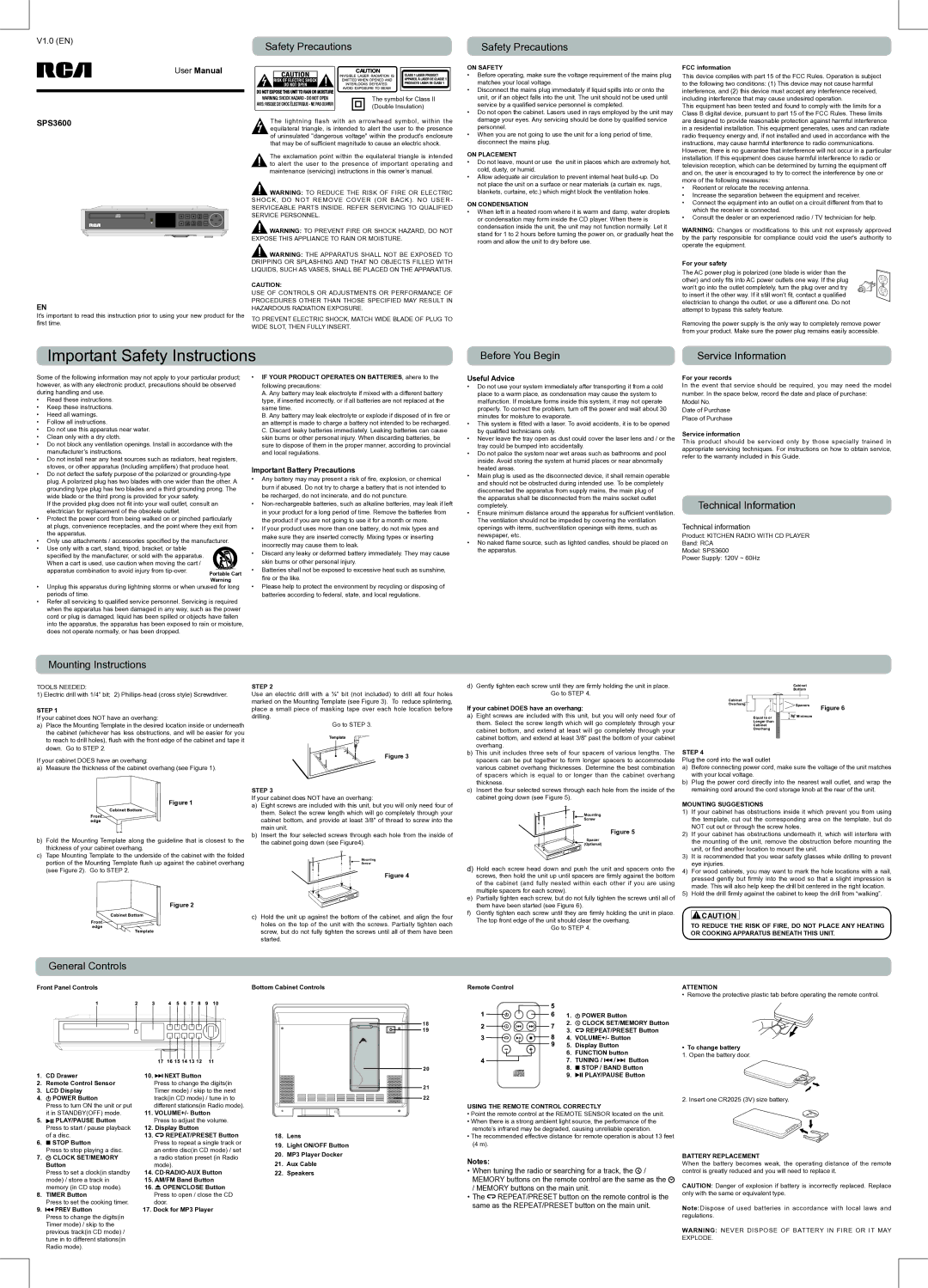 RCA SPS3600 important safety instructions Safety Precautions, Before You Begin Service Information, Technical Information 