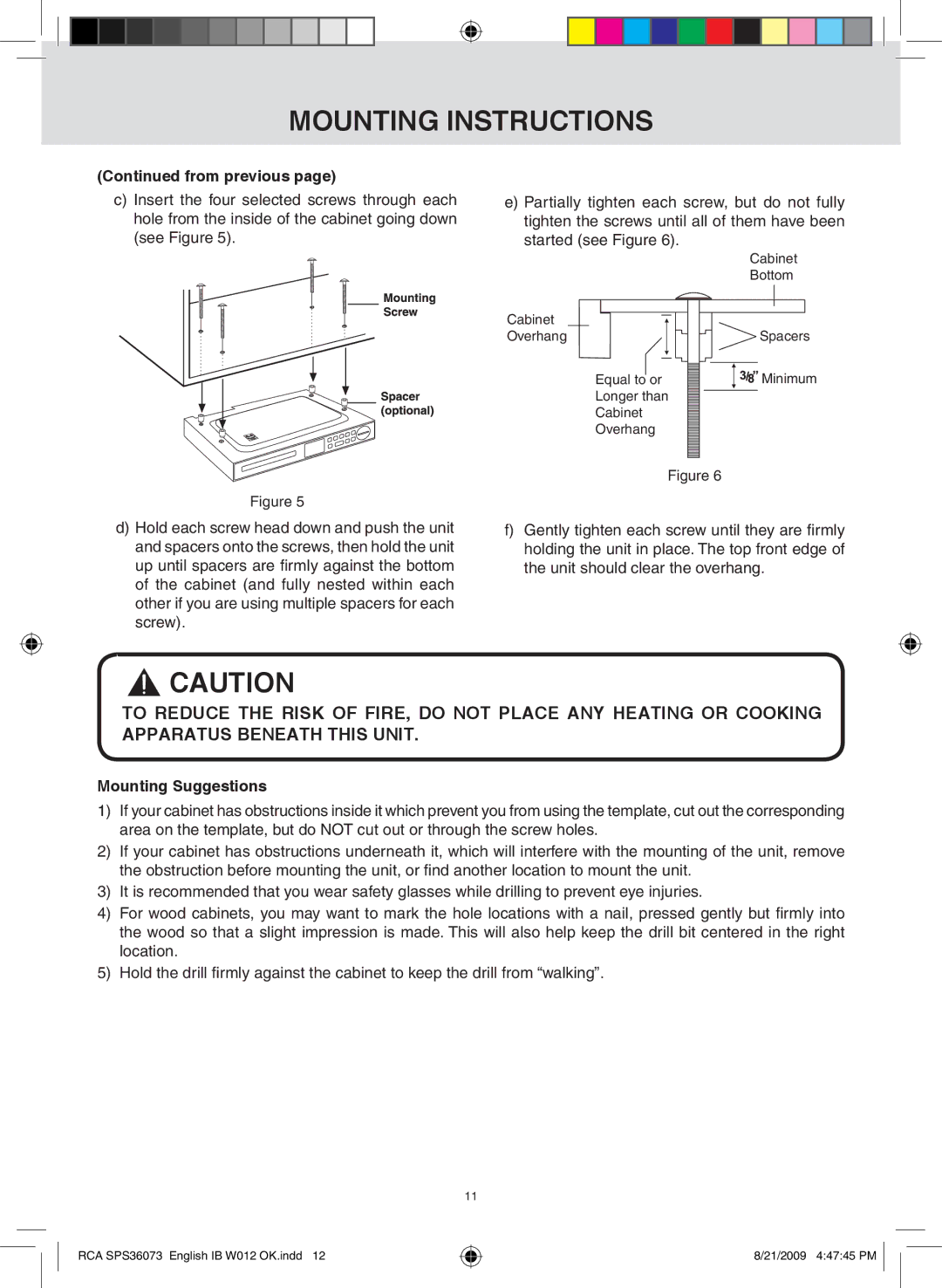 RCA SPS36073 owner manual From previous, Mounting Suggestions 