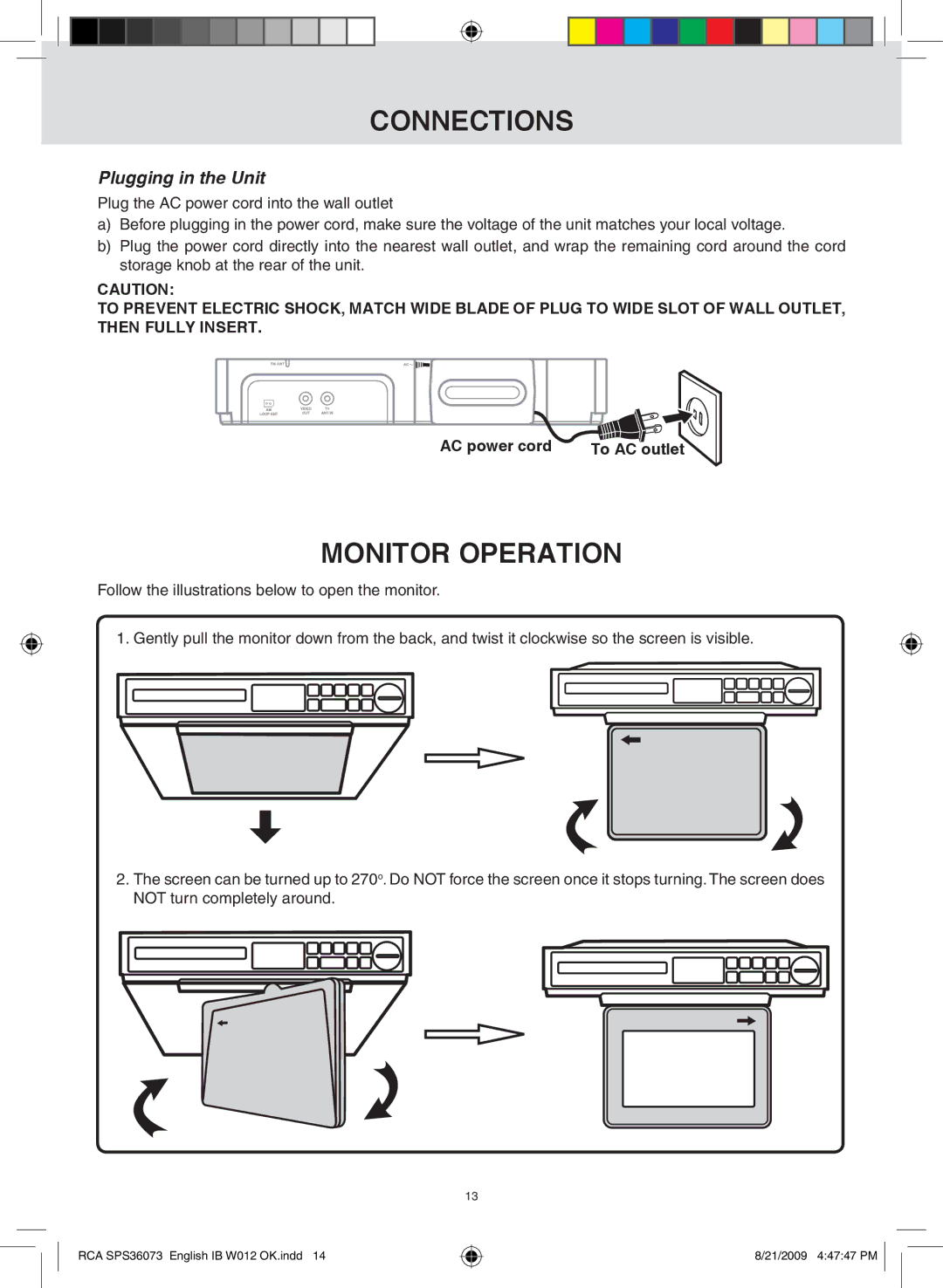 RCA SPS36073 owner manual Monitor Operation, Plugging in the Unit, AC power cord 