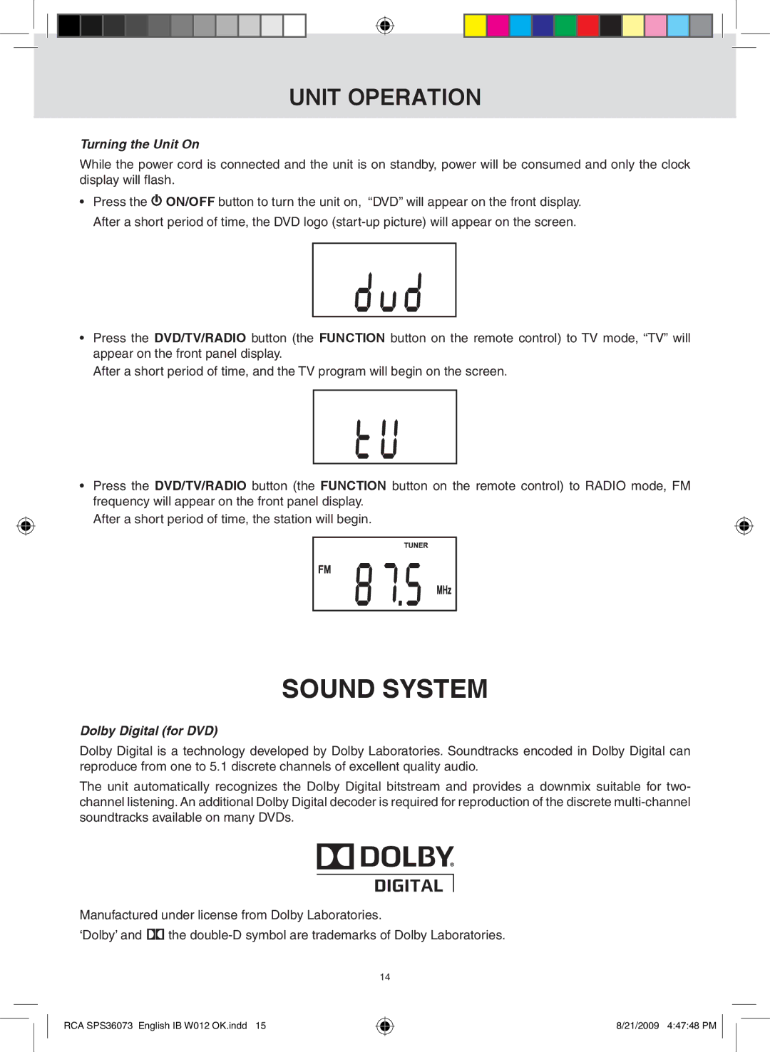 RCA SPS36073 owner manual Unit Operation, Turning the Unit On, Dolby Digital for DVD 