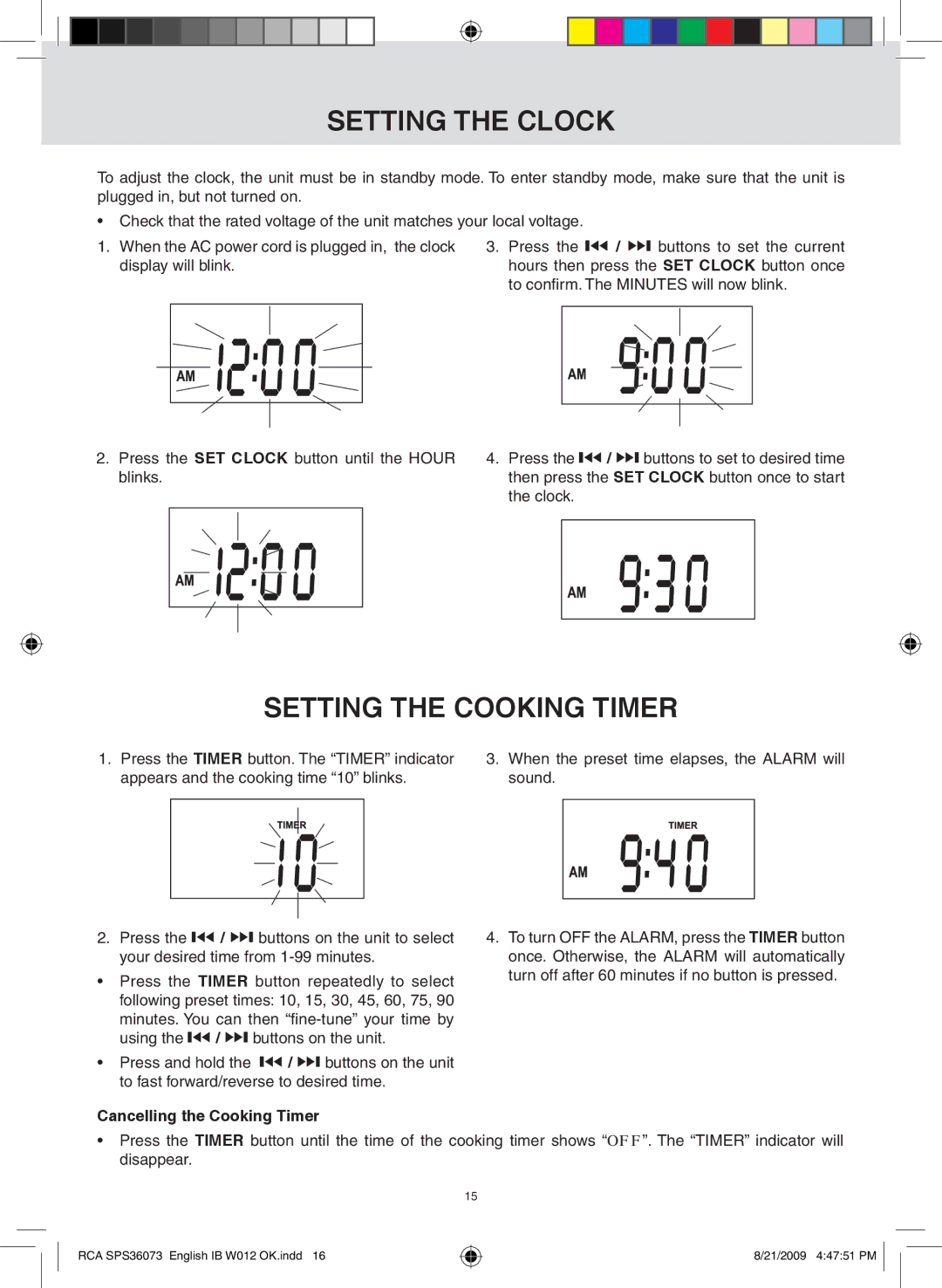 RCA SPS36073 owner manual Setting the Clock, Setting the Cooking timer, Cancelling the Cooking Timer 