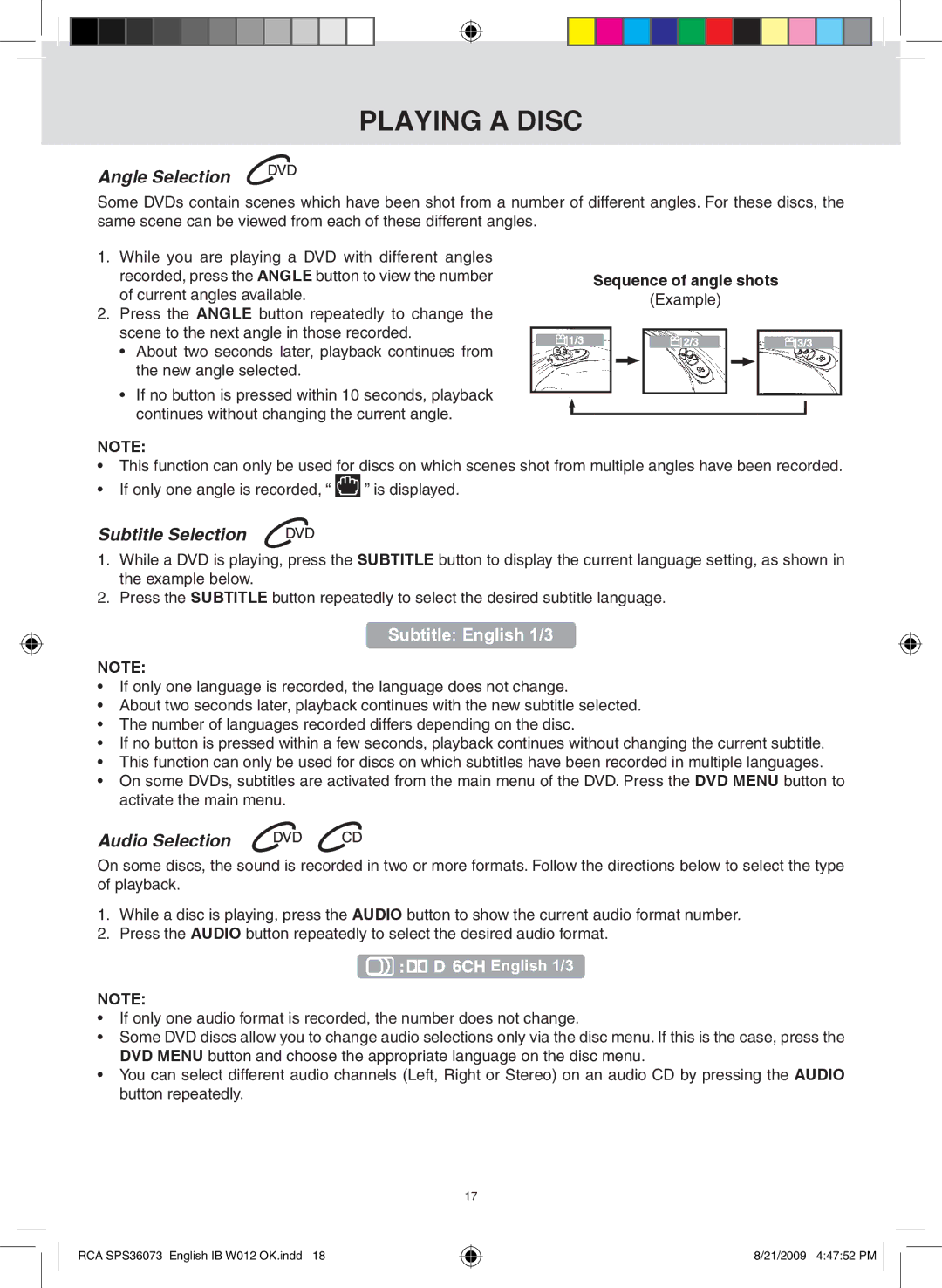 RCA SPS36073 owner manual Angle selection, Subtitle selection, Audio selection, Sequence of angle shots 