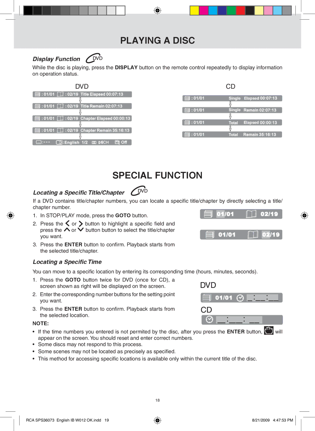 RCA SPS36073 owner manual Special function, Display function, Locating a specific title/Chapter, Locating a Specific Time 