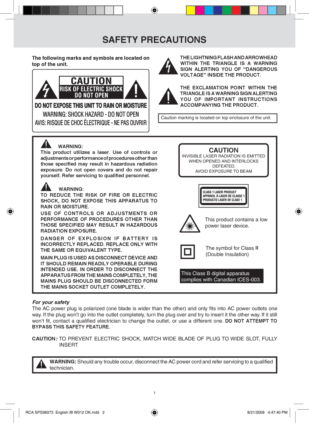 RCA SPS36073 owner manual Safety Precautions, Following marks and symbols are located on top of the unit, For your safety 