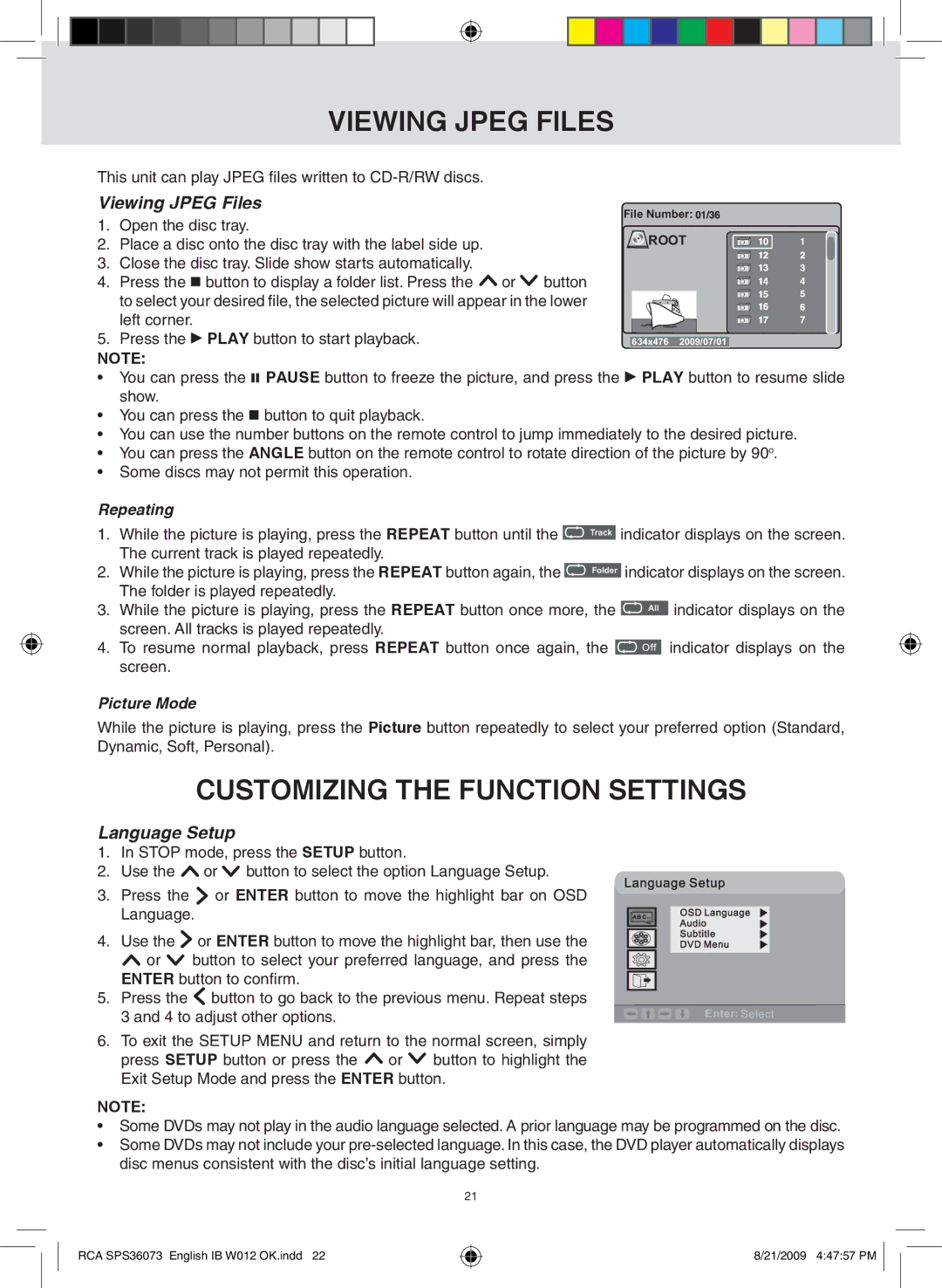 RCA SPS36073 owner manual Viewing jpeg FILes, Customizing the Function Settings, Viewing Jpeg Files, Language Setup 