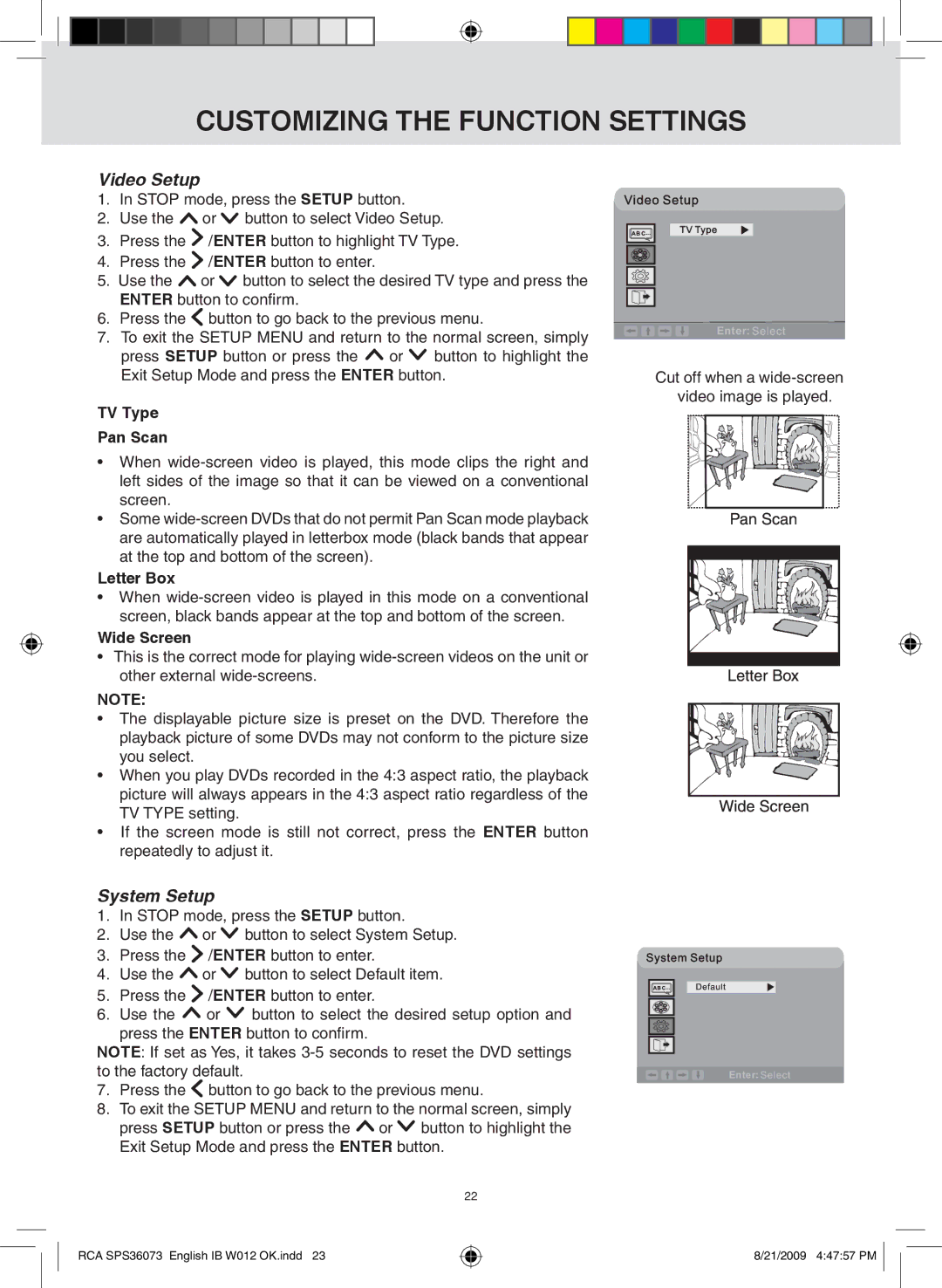 RCA SPS36073 owner manual Video Setup, System Setup, TV Type Pan Scan, Letter Box, Wide Screen 