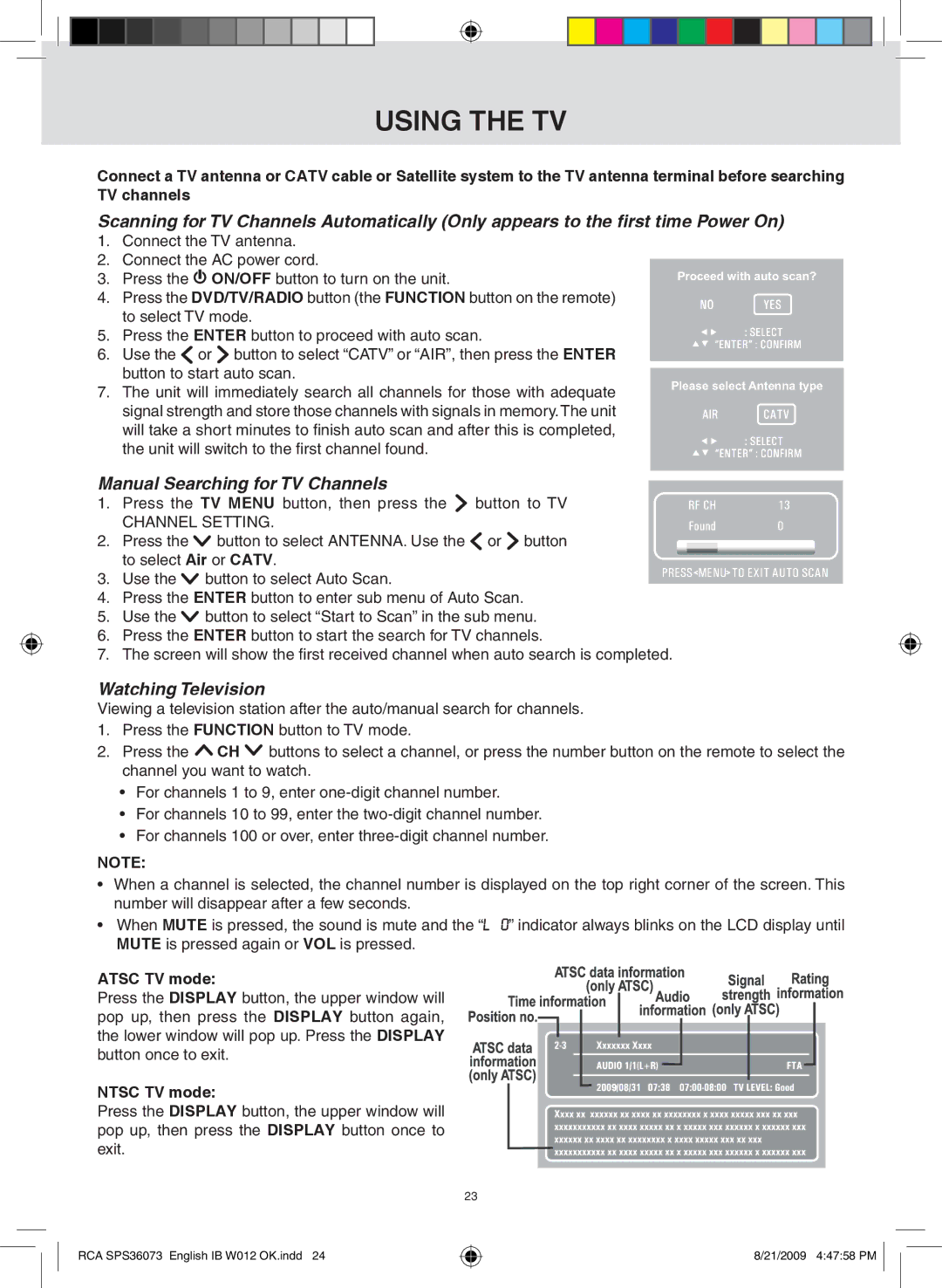 RCA SPS36073 owner manual Using the TV, Manual searching for TV channels, Watching television, Atsc TV mode, Ntsc TV mode 