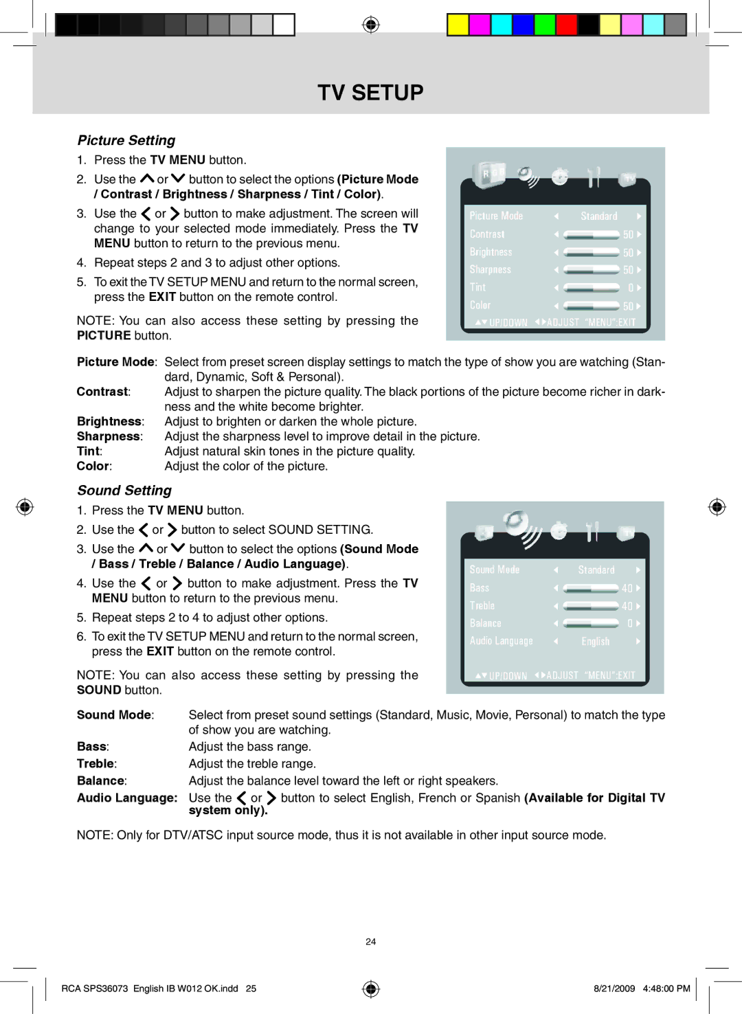 RCA SPS36073 owner manual TV setup, Picture Setting, Sound Setting 