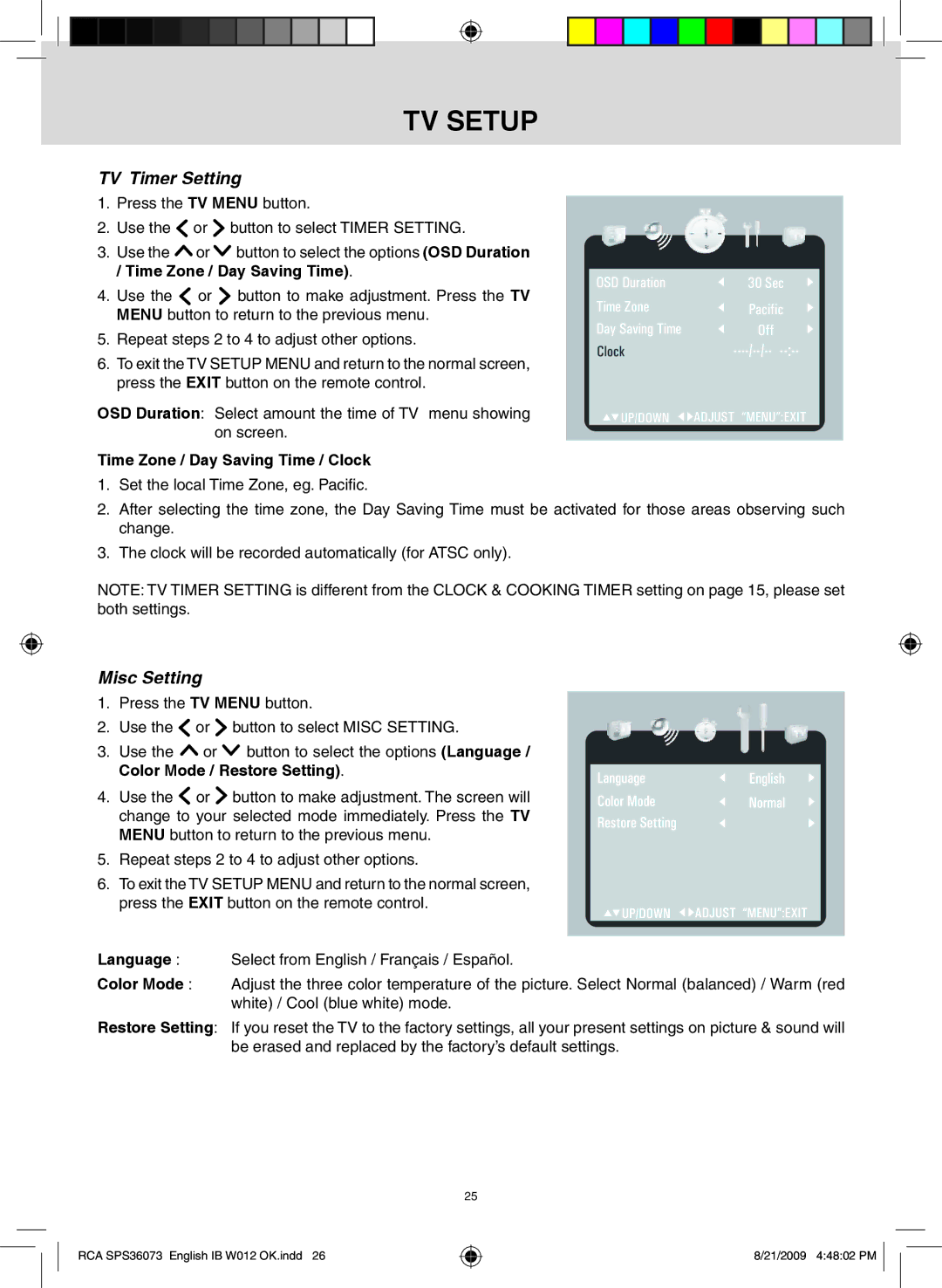 RCA SPS36073 owner manual TV Timer Setting, Misc Setting, Time Zone / Day Saving Time / Clock 