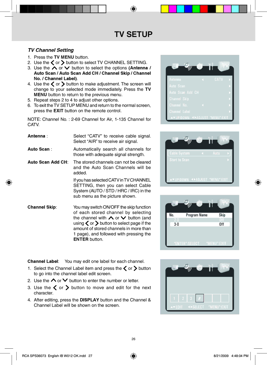 RCA SPS36073 owner manual TV Channel Setting 