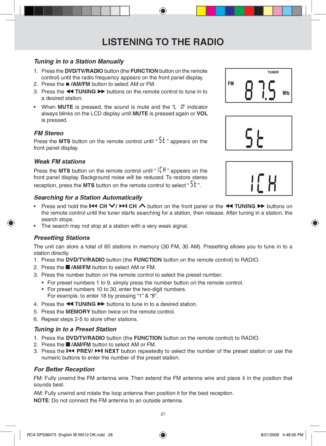 RCA SPS36073 owner manual Listening to the radio 