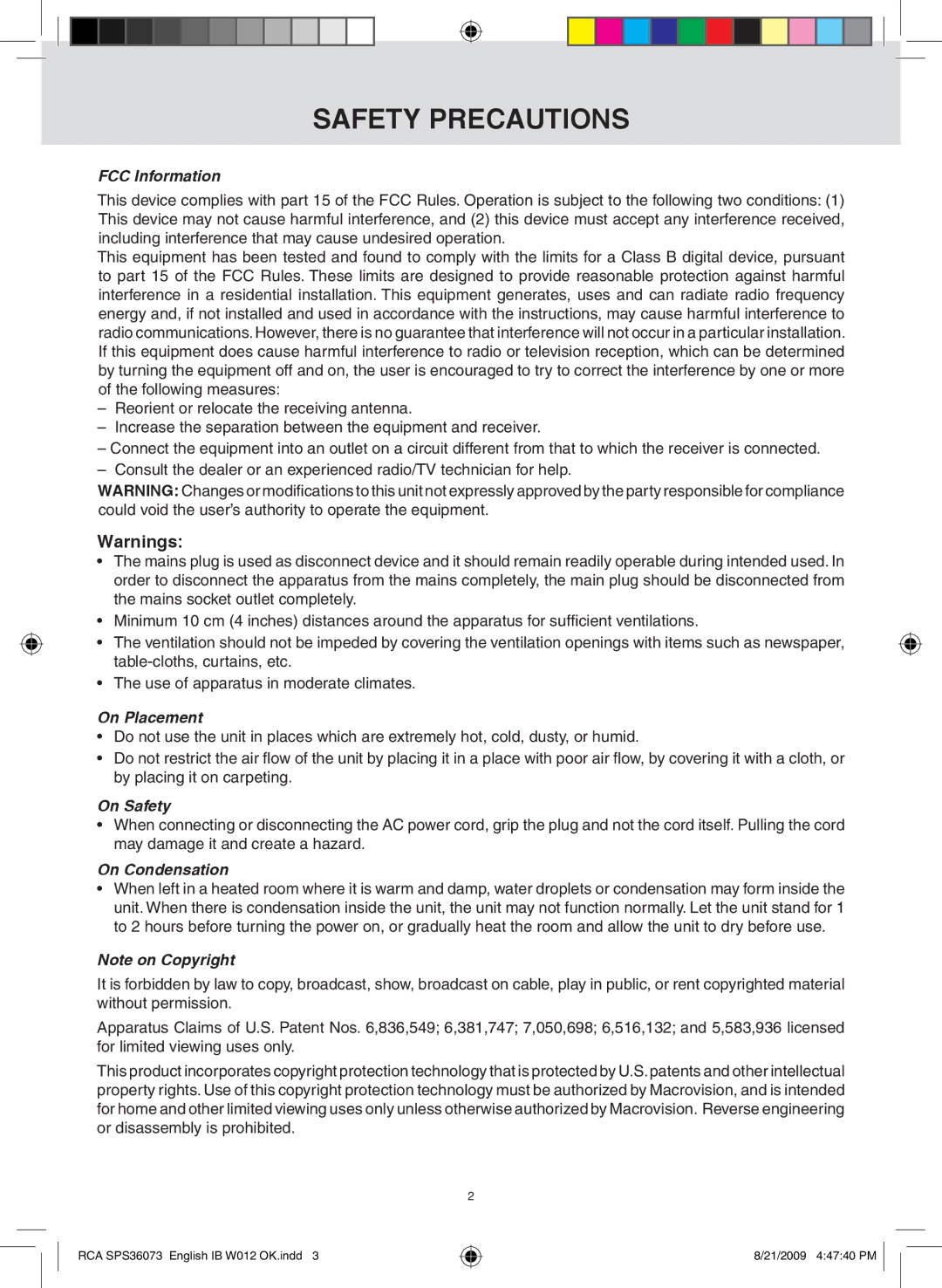 RCA SPS36073 owner manual FCC Information, On Placement, On Safety, On Condensation 