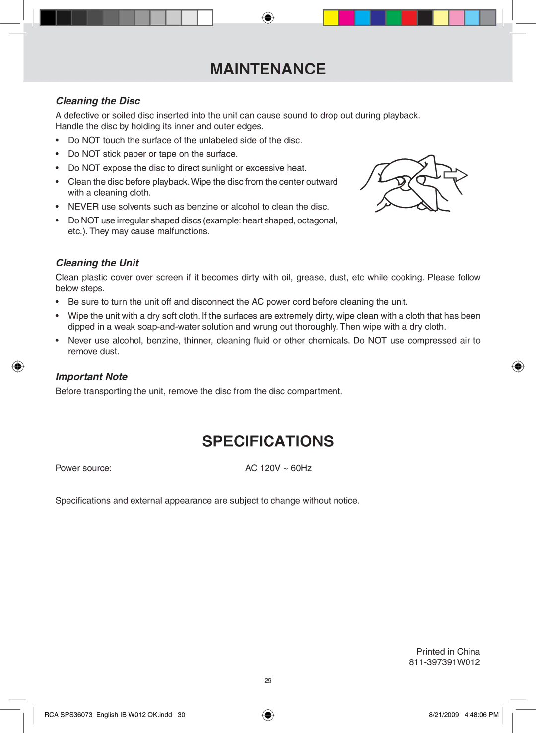 RCA SPS36073 owner manual Maintenance, Specifications, Cleaning the Disc, Cleaning the unit, Important Note 