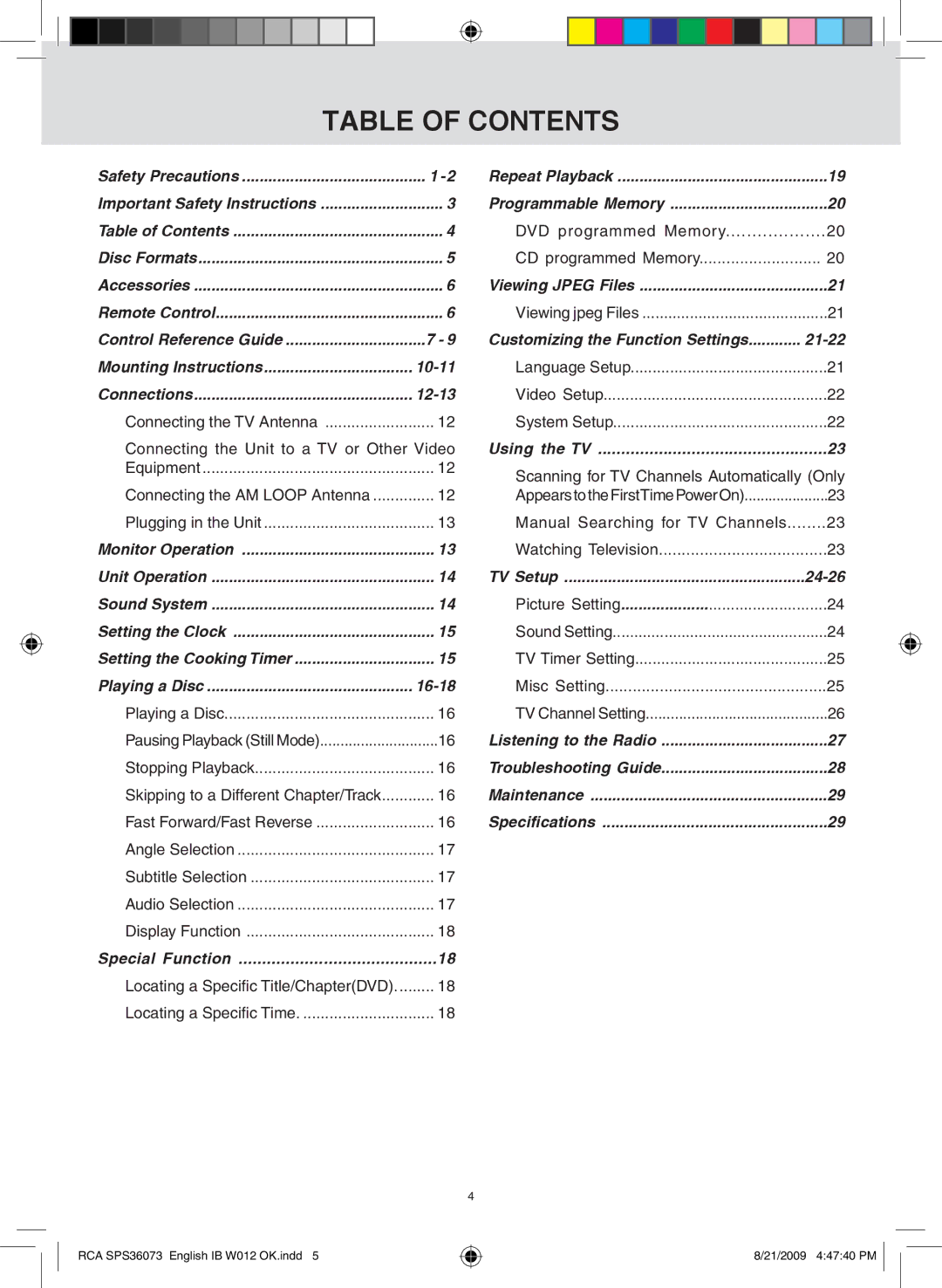 RCA SPS36073 owner manual Table of Contents 