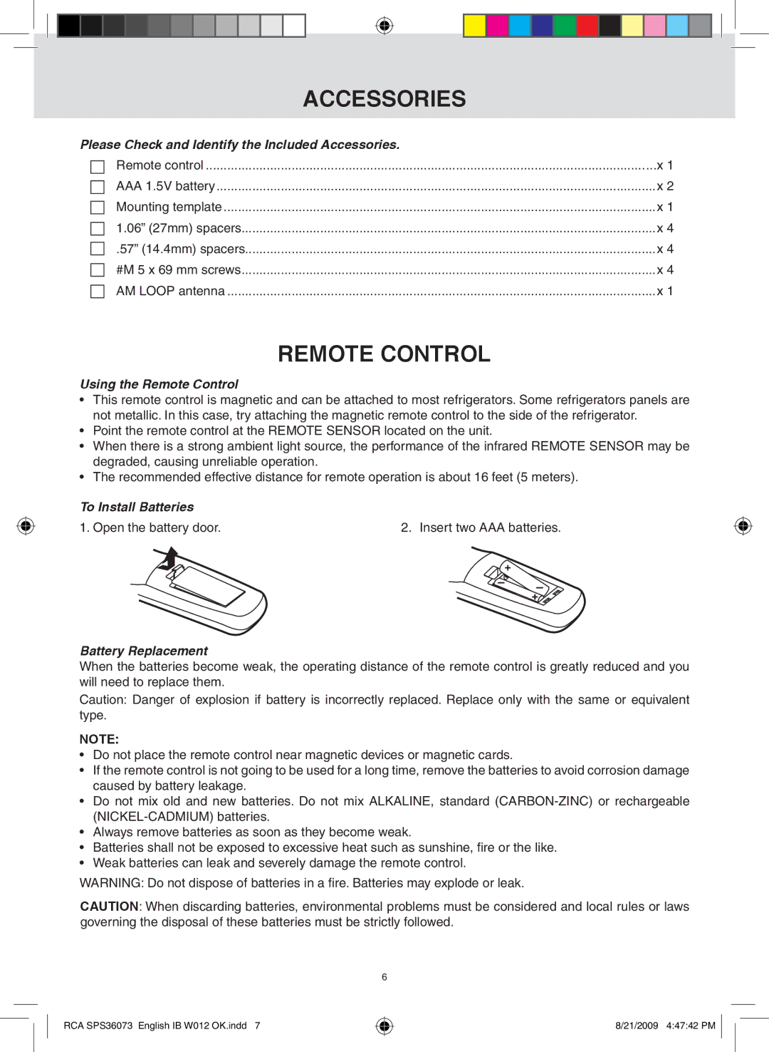 RCA SPS36073 owner manual Remote control, Please check and identify the included accessories, Using the Remote Control 