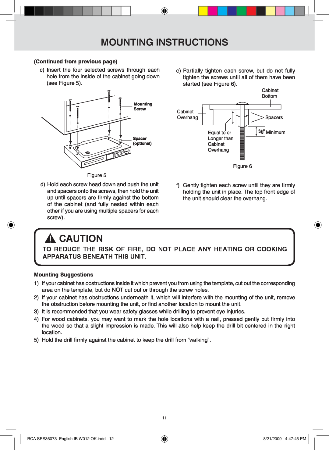 RCA SPS36073 owner manual mounting instructions, Continued from previous page, Mounting Suggestions 