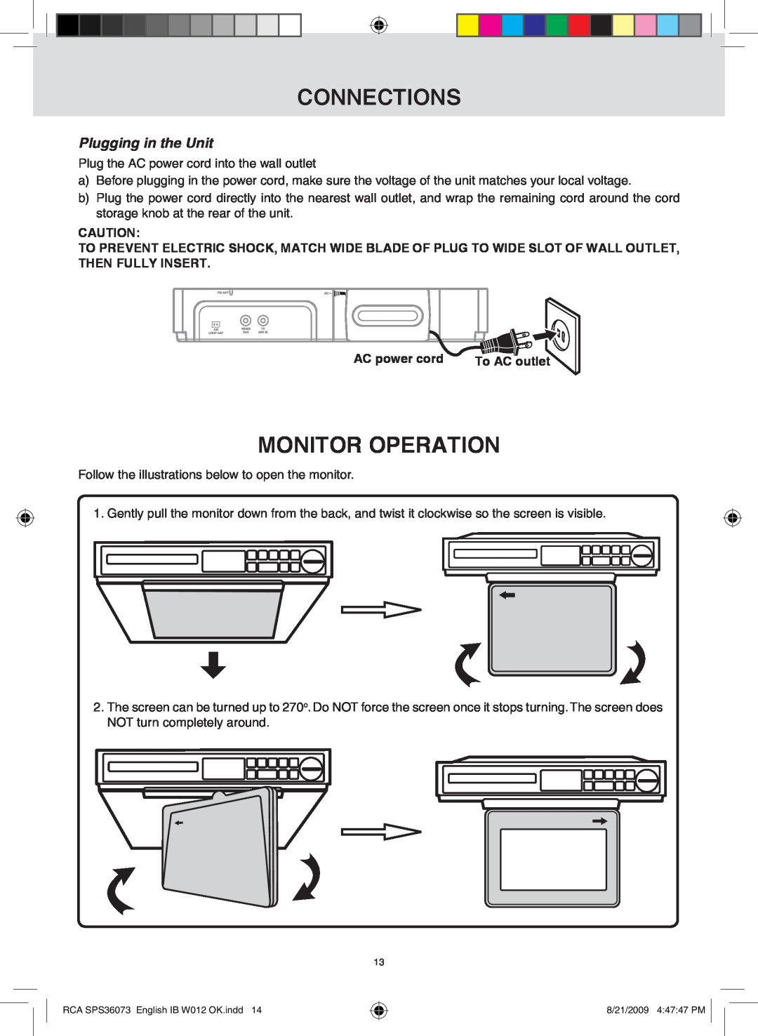 RCA SPS36073 owner manual Monitor Operation, Plugging in the Unit, connections, AC power cord 