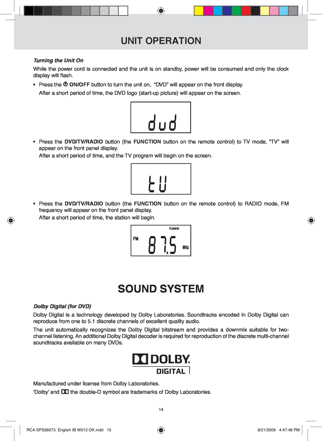 RCA SPS36073 owner manual Unit Operation, Turning the Unit On, Dolby Digital for DVD, Sound System 