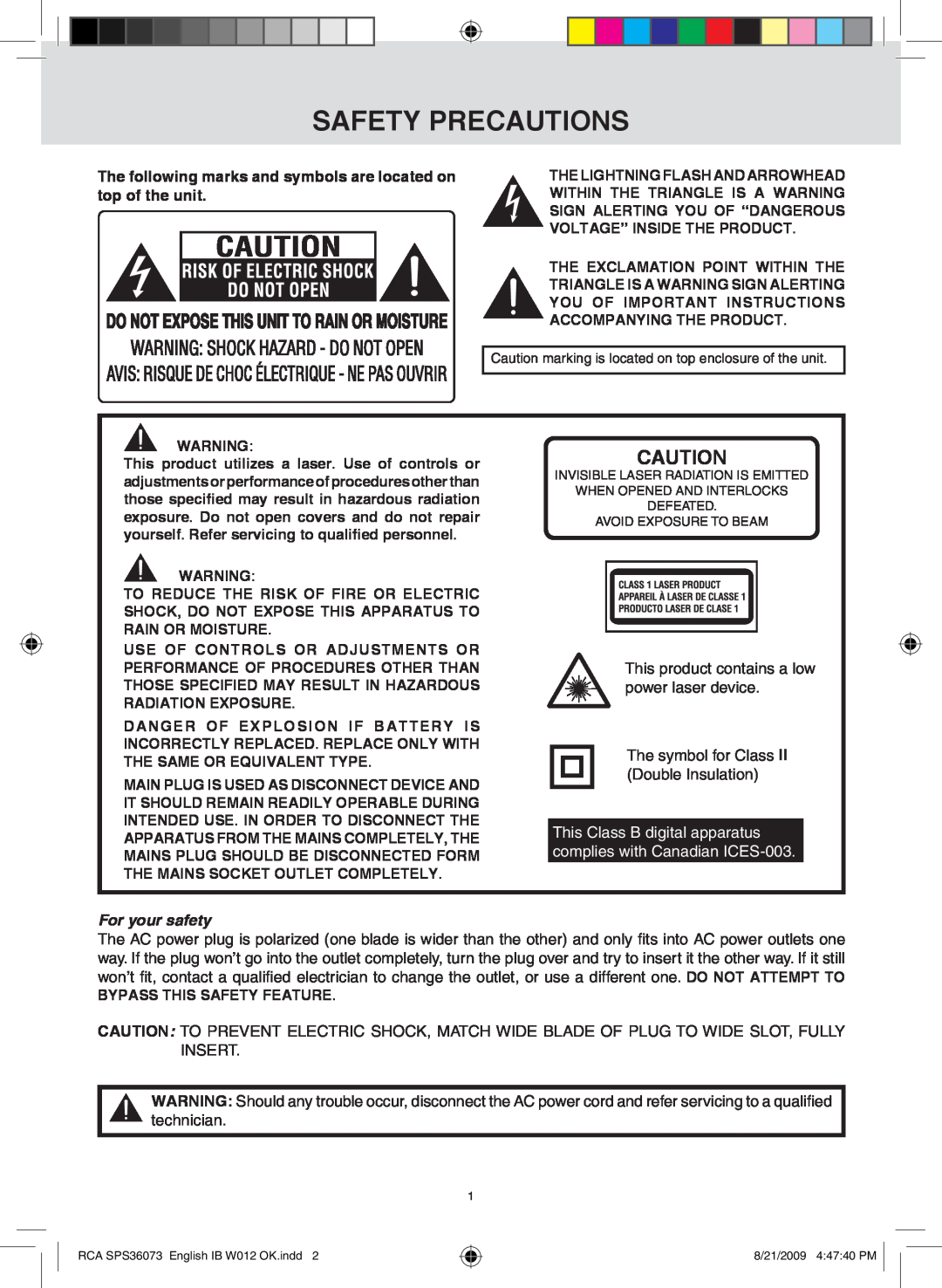 RCA SPS36073 Safety Precautions, For your safety, The following marks and symbols are located on top of the unit 
