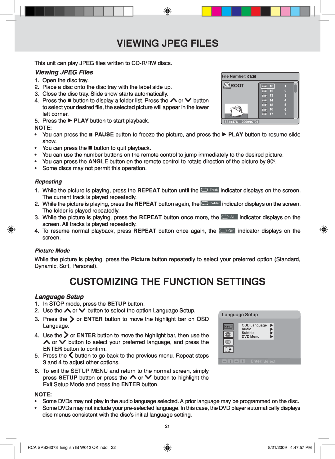 RCA SPS36073 viewing jpeg FILes, Customizing The Function Settings, Viewing JPEG Files, Language Setup, Repeating 