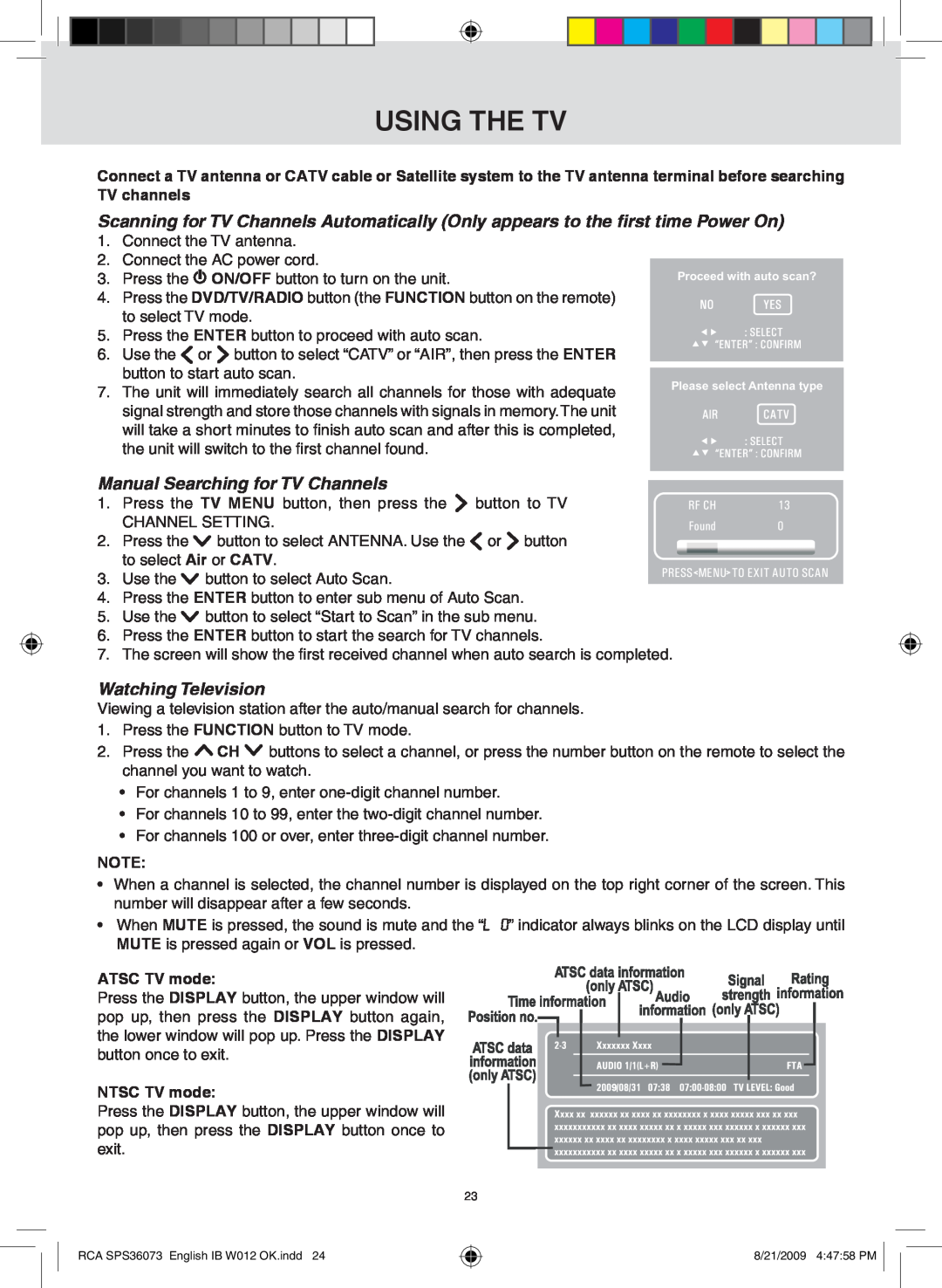 RCA SPS36073 owner manual using the TV, Manual searching for TV channels, Watching television 