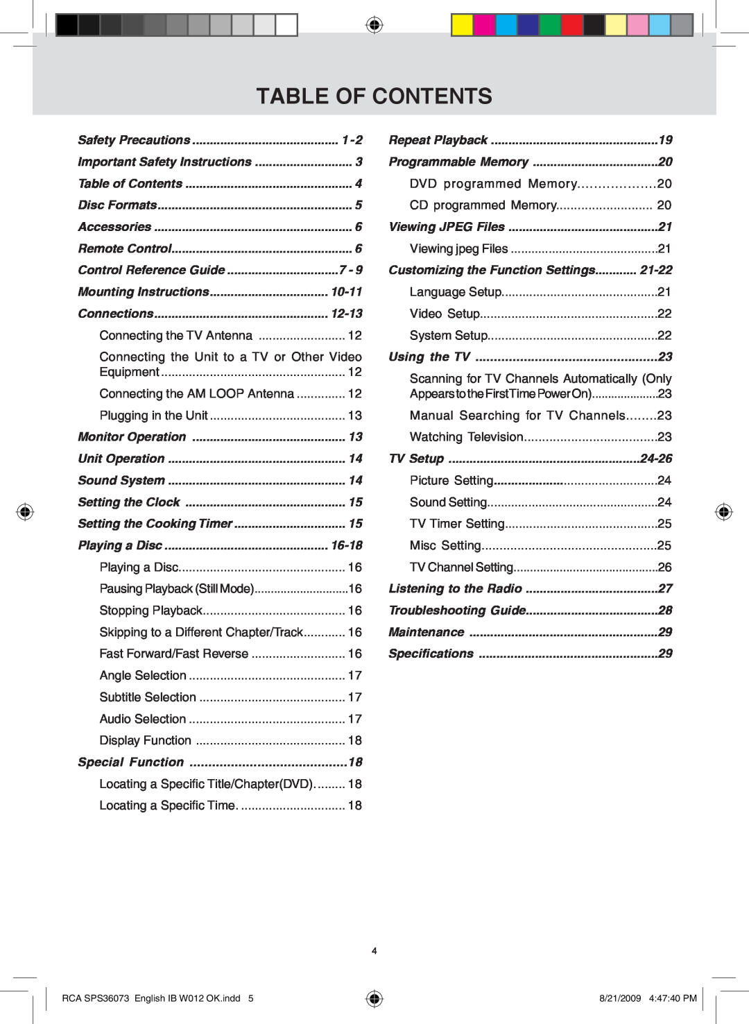 RCA SPS36073 owner manual Table of Contents 