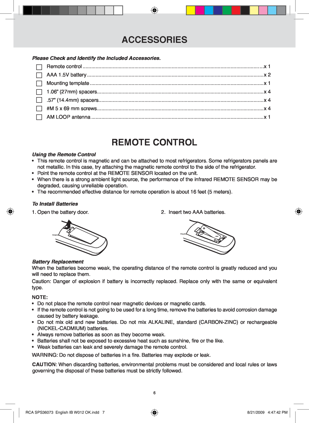RCA SPS36073 remote control, Please check and identify the included accessories, Using the Remote Control, Accessories 