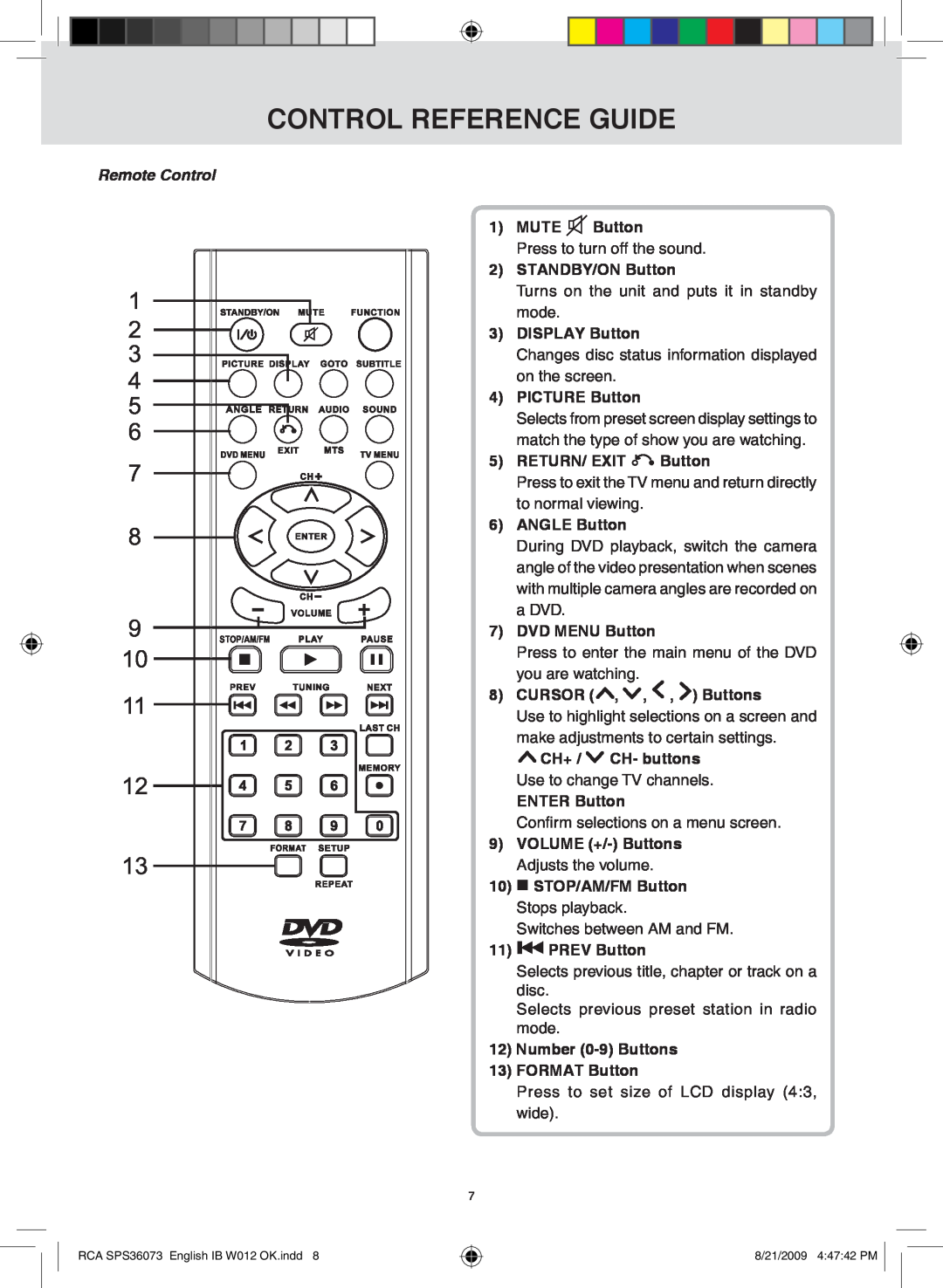 RCA SPS36073 owner manual control reference guide, Remote Control 