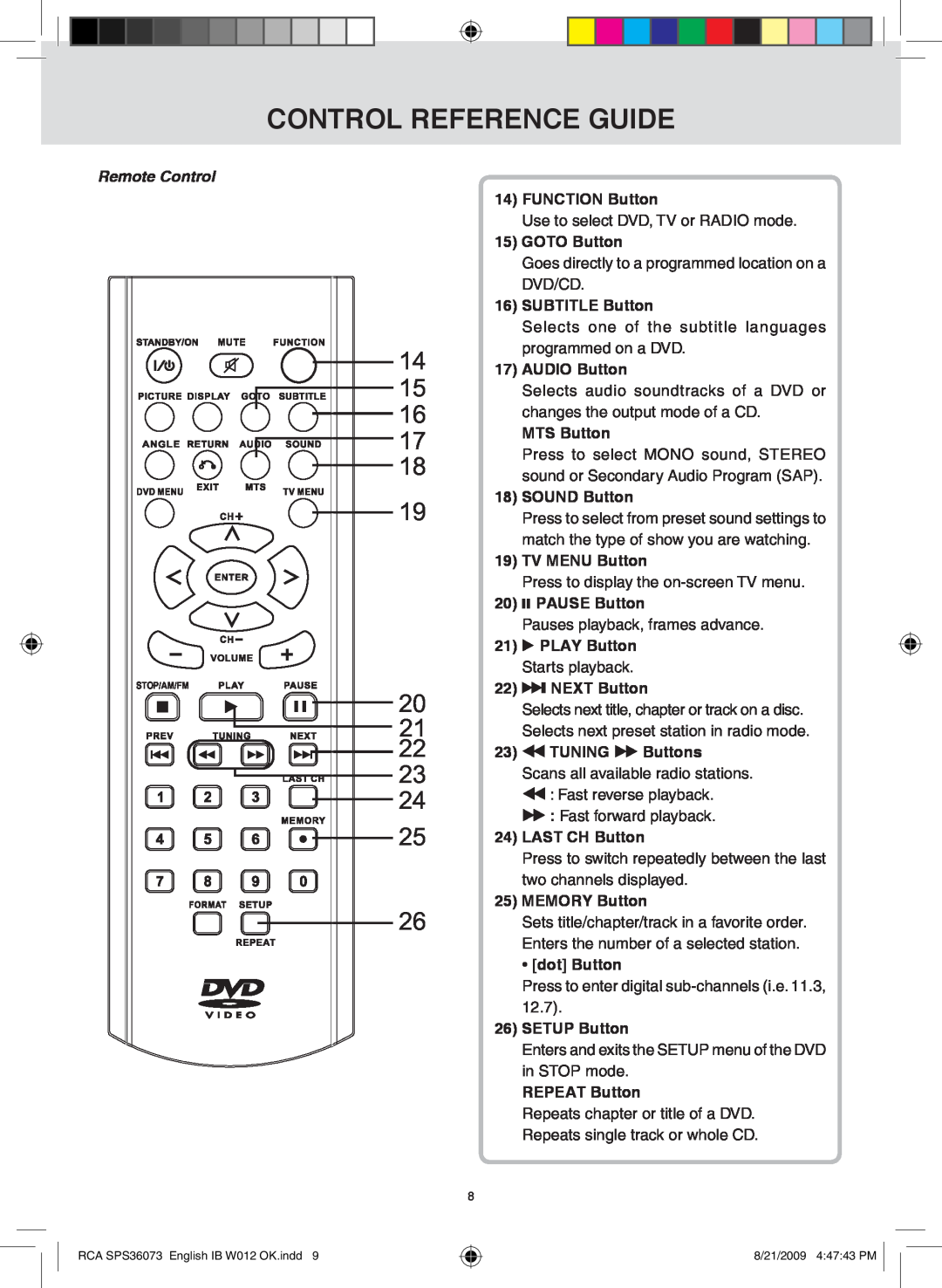 RCA SPS36073 owner manual control reference guide, Remote Control, FUNCTION Button 