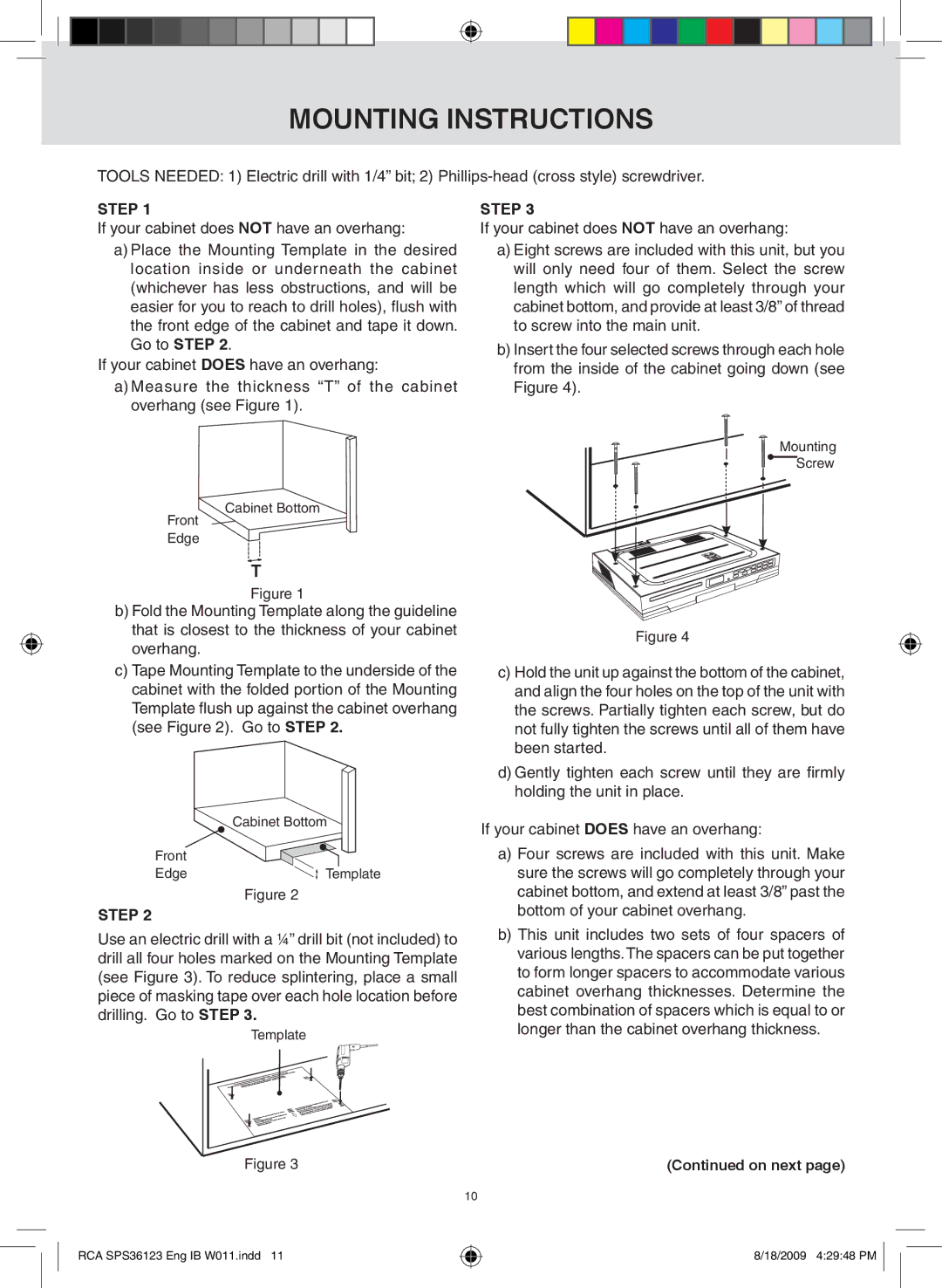 RCA SPS36123 owner manual Mounting instructions, Step 