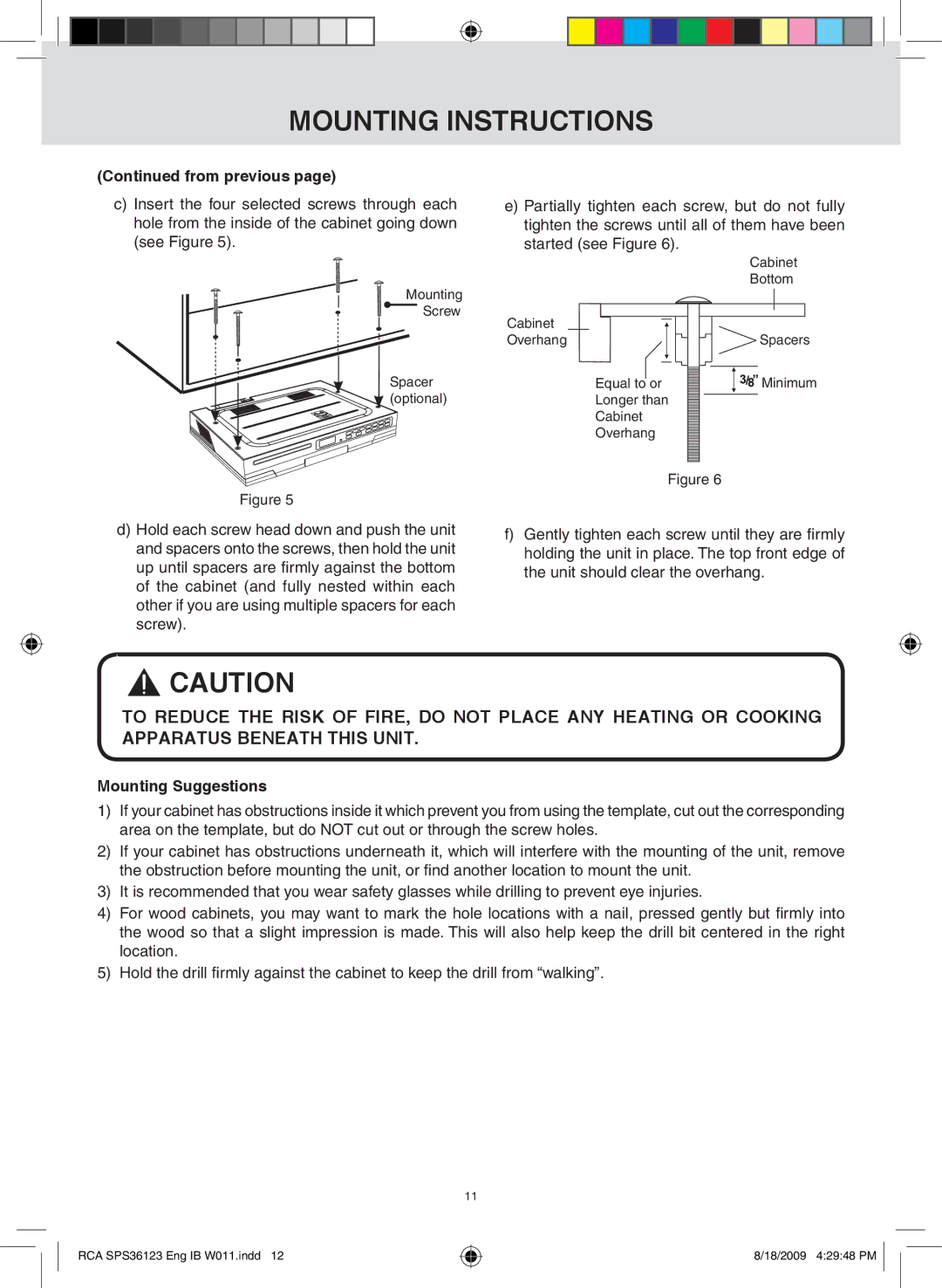 RCA SPS36123 owner manual From previous, Mounting Suggestions 