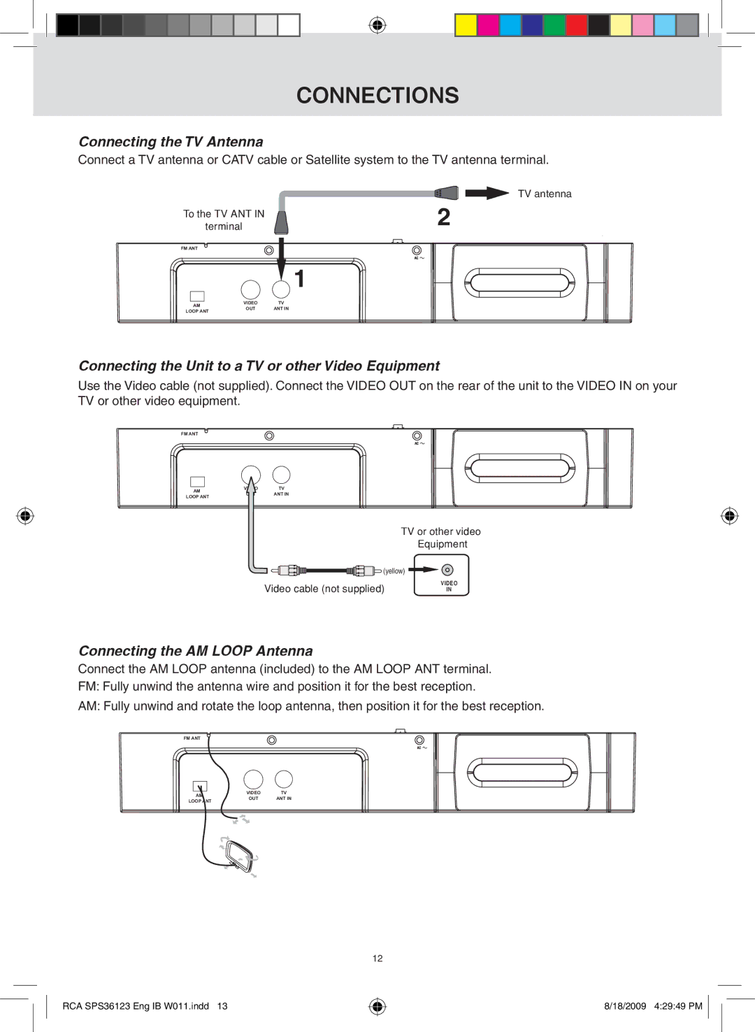 RCA SPS36123 owner manual Connections, Connecting the TV antenna, Connecting the Unit to a TV or other Video Equipment 