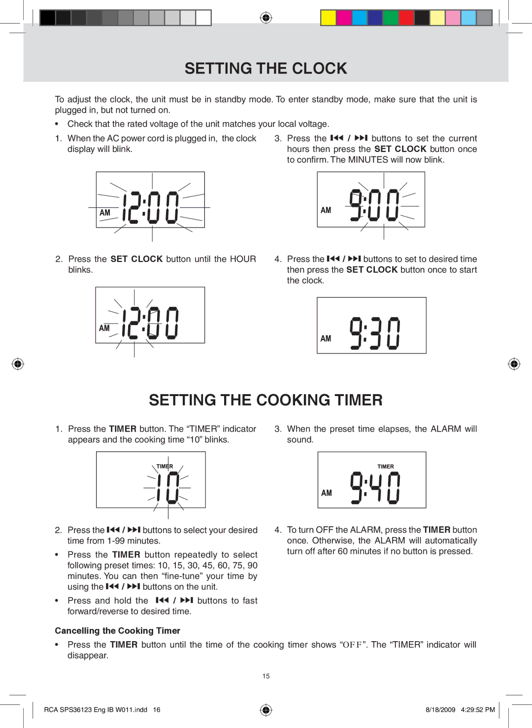 RCA SPS36123 owner manual Setting the Clock, Setting the Cooking timer, Cancelling the Cooking Timer 